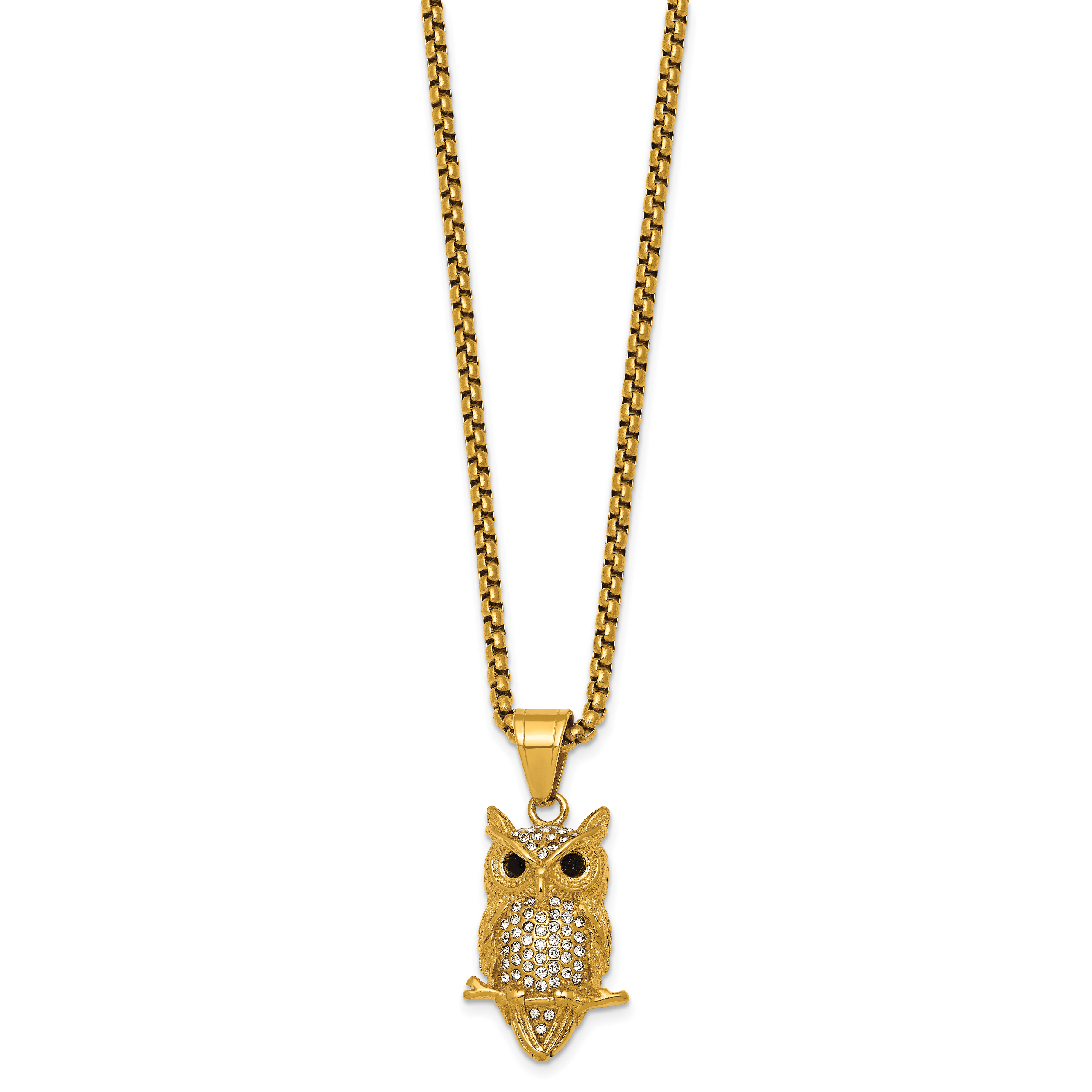 Gold-Tone Polished Crystal Owl Stainless Steel Rolo Chain Necklace Secondary image