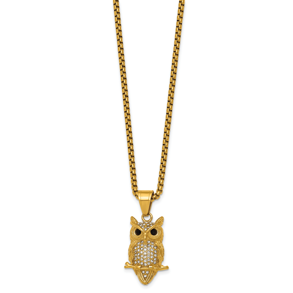 Gold-Tone Polished Crystal Owl Stainless Steel Rolo Chain Necklace