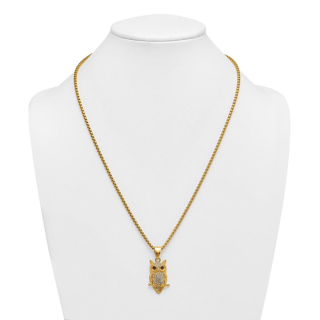 Gold-Tone Polished Crystal Owl Stainless Steel Rolo Chain Necklace