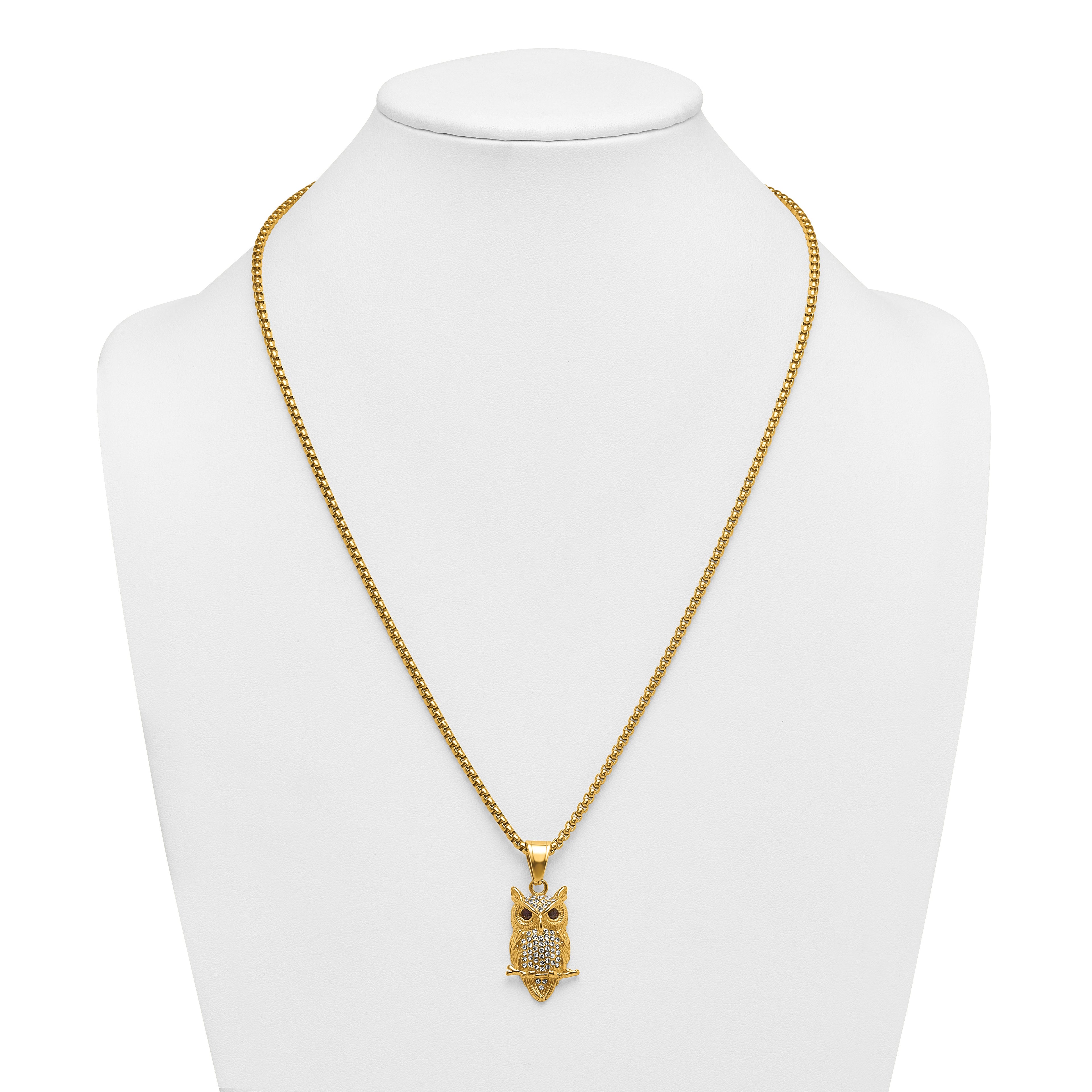 Gold-Tone Polished Crystal Owl Stainless Steel Rolo Chain Necklace
