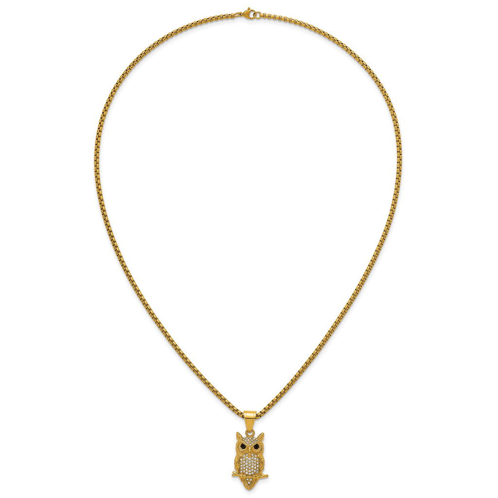 Gold-Tone Polished Crystal Owl Stainless Steel Rolo Chain Necklace