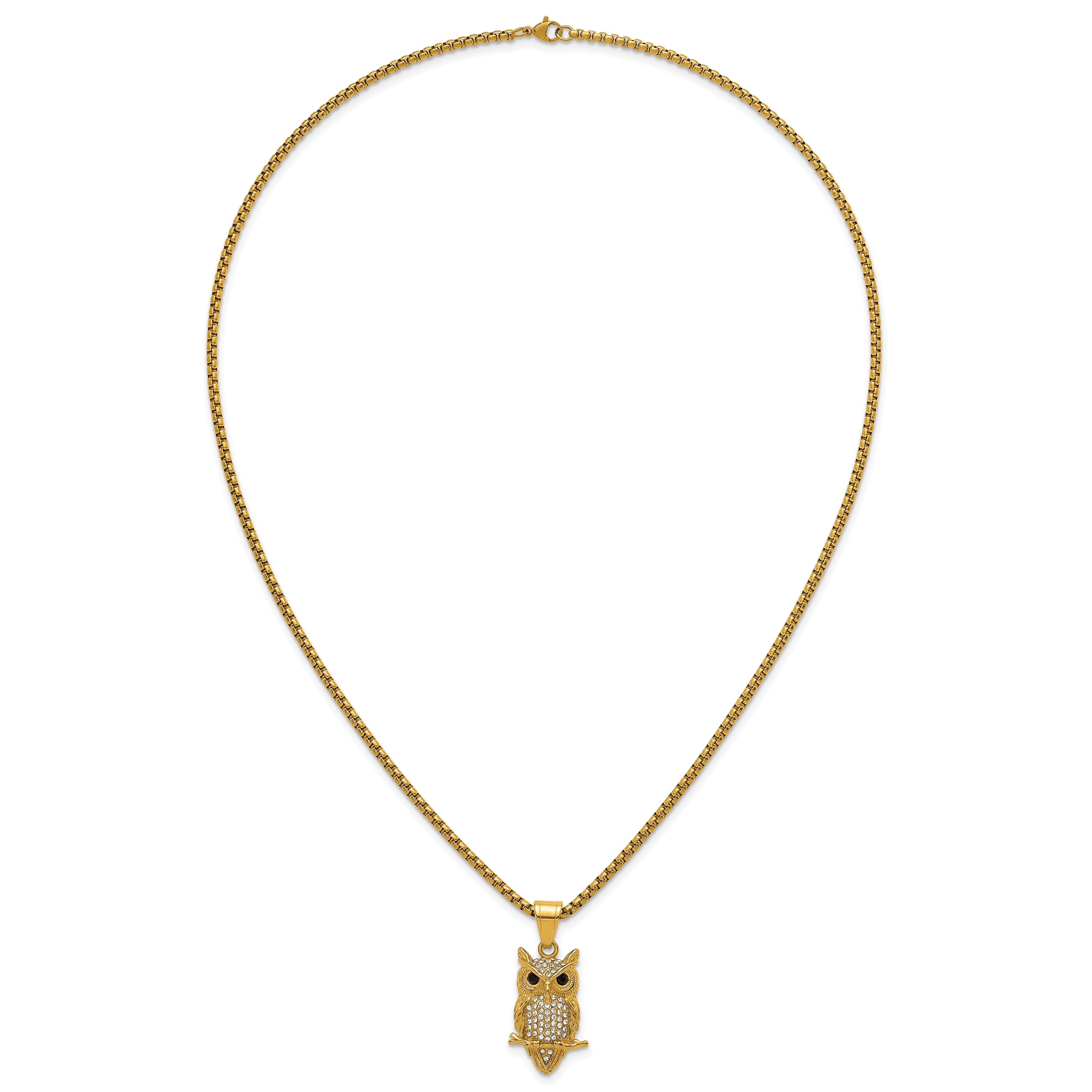 Gold-Tone Polished Crystal Owl Stainless Steel Rolo Chain Necklace