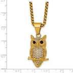 Gold-Tone Polished Crystal Owl Stainless Steel Rolo Chain Necklace