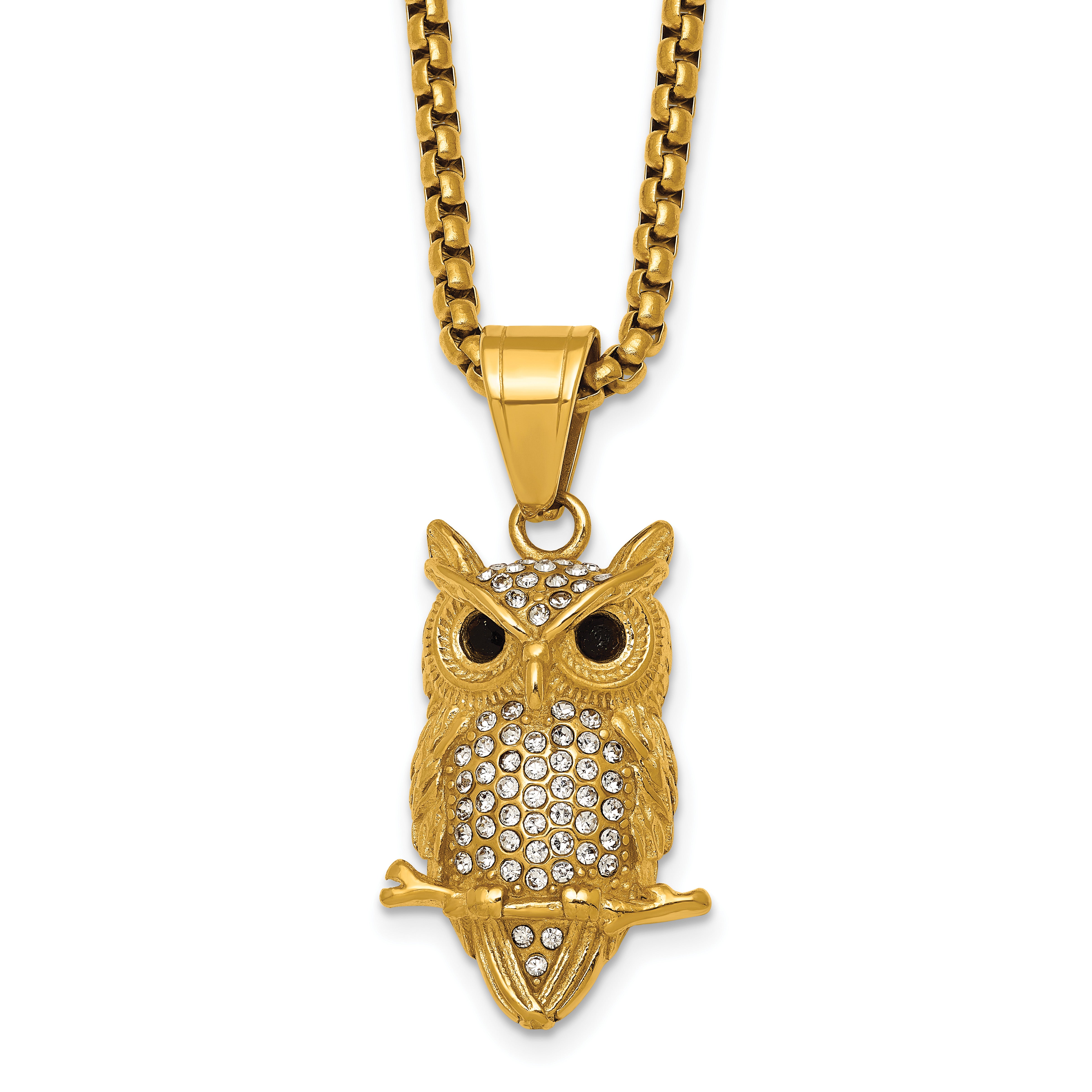 Gold-Tone Polished Crystal Owl Stainless Steel Rolo Chain Necklace Main image