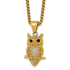 Gold-Tone Polished Crystal Owl Stainless Steel Rolo Chain Necklace