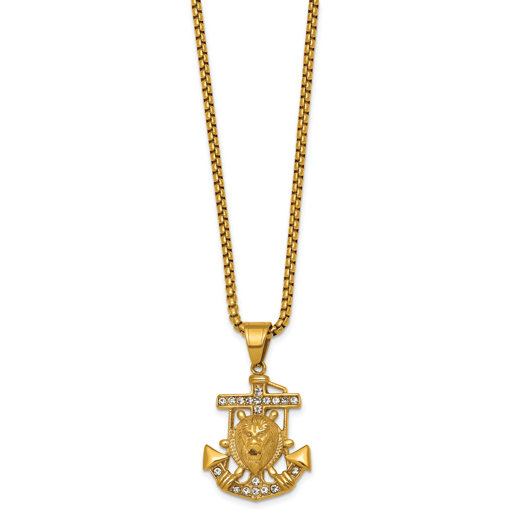 Gold-Tone Polished Crystal Anchor Stainless Steel Rolo Chain Necklace