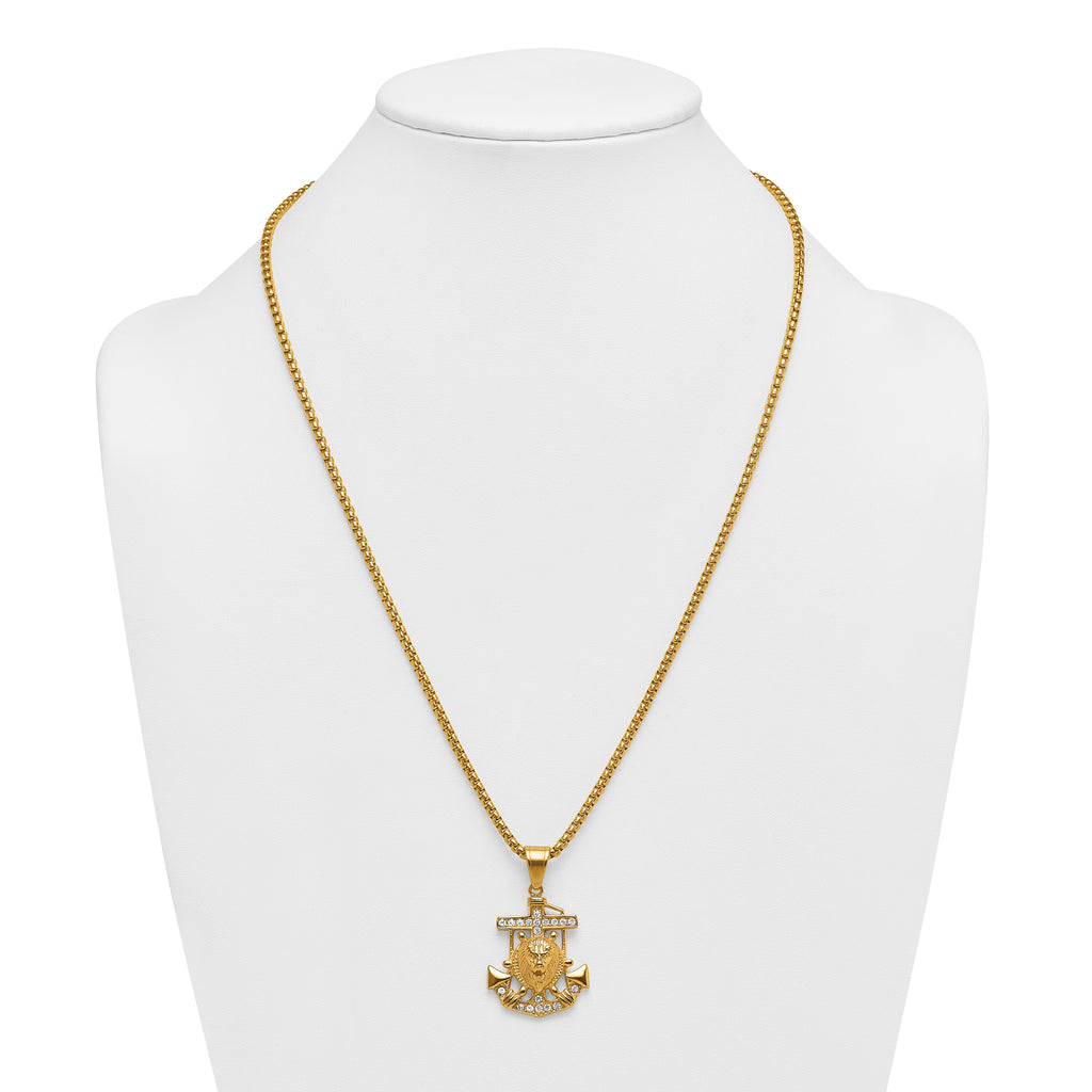 Gold-Tone Polished Crystal Anchor Stainless Steel Rolo Chain Necklace