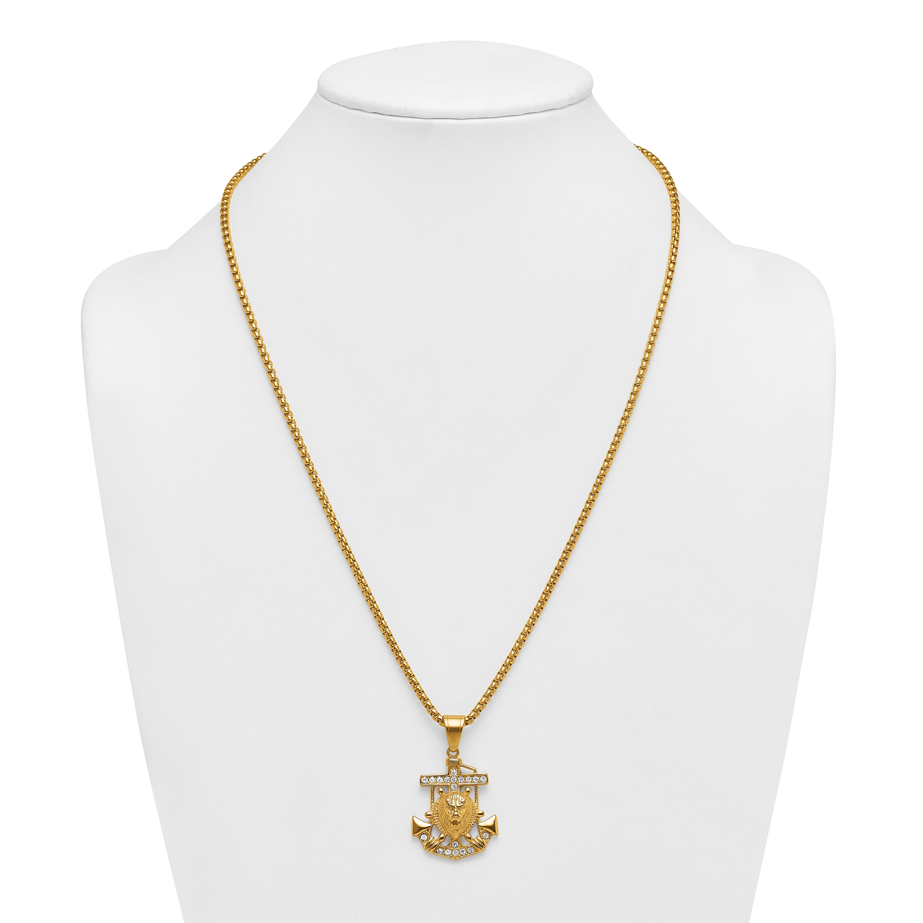 Gold-Tone Polished Crystal Anchor Stainless Steel Rolo Chain Necklace