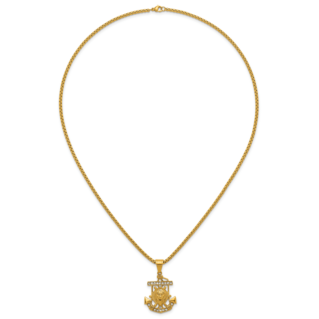 Gold-Tone Polished Crystal Anchor Stainless Steel Rolo Chain Necklace