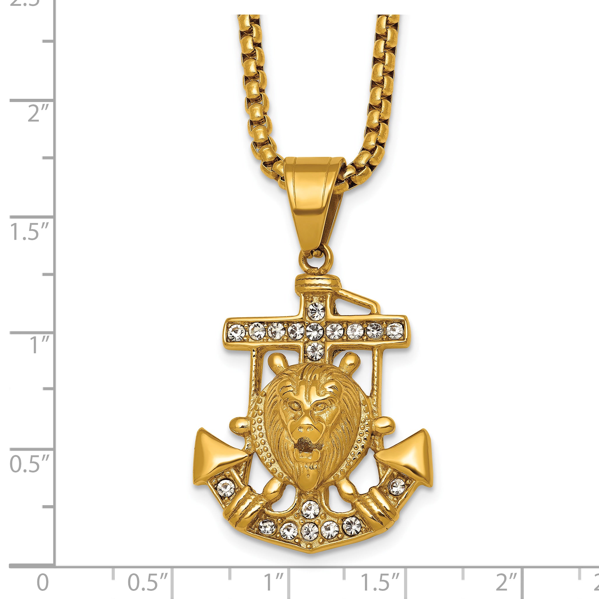 Gold-Tone Polished Crystal Anchor Stainless Steel Rolo Chain Necklace