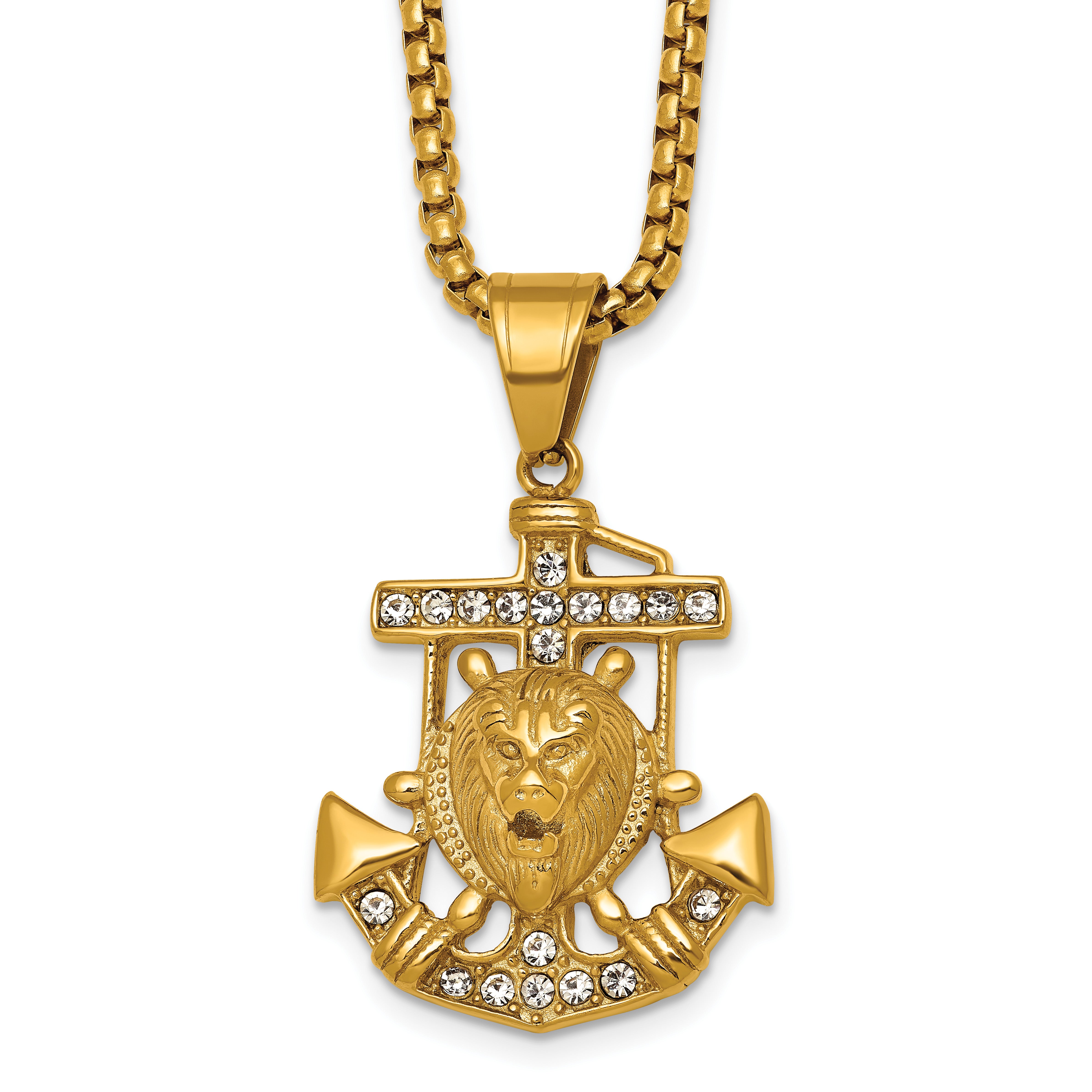 Gold-Tone Polished Crystal Anchor Stainless Steel Rolo Chain Necklace Main image