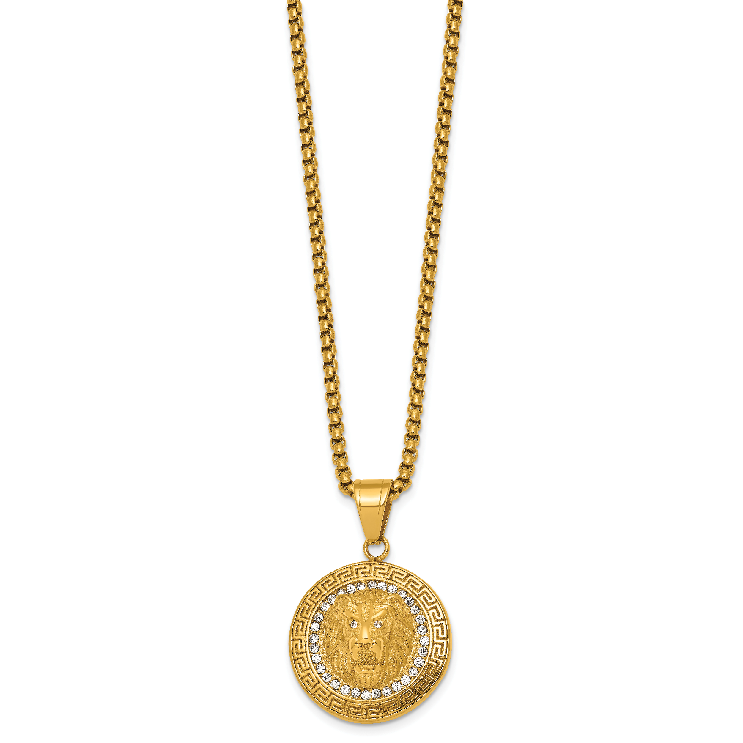 Gold-Tone Polished Crystal Lion Stainless Steel Rolo Chain Necklace Greek Key Secondary image