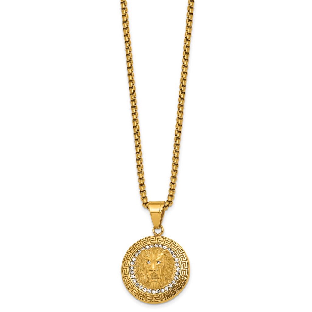 Gold-Tone Polished Crystal Lion Stainless Steel Rolo Chain Necklace Greek Key
