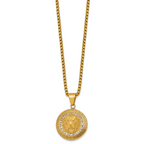 Gold-Tone Polished Crystal Lion Stainless Steel Rolo Chain Necklace Greek Key