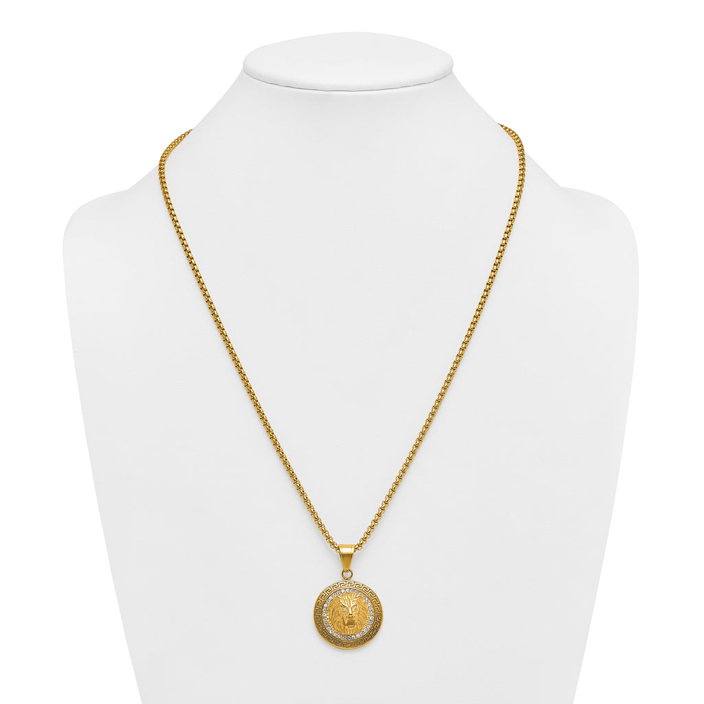 Gold-Tone Polished Crystal Lion Stainless Steel Rolo Chain Necklace Greek Key