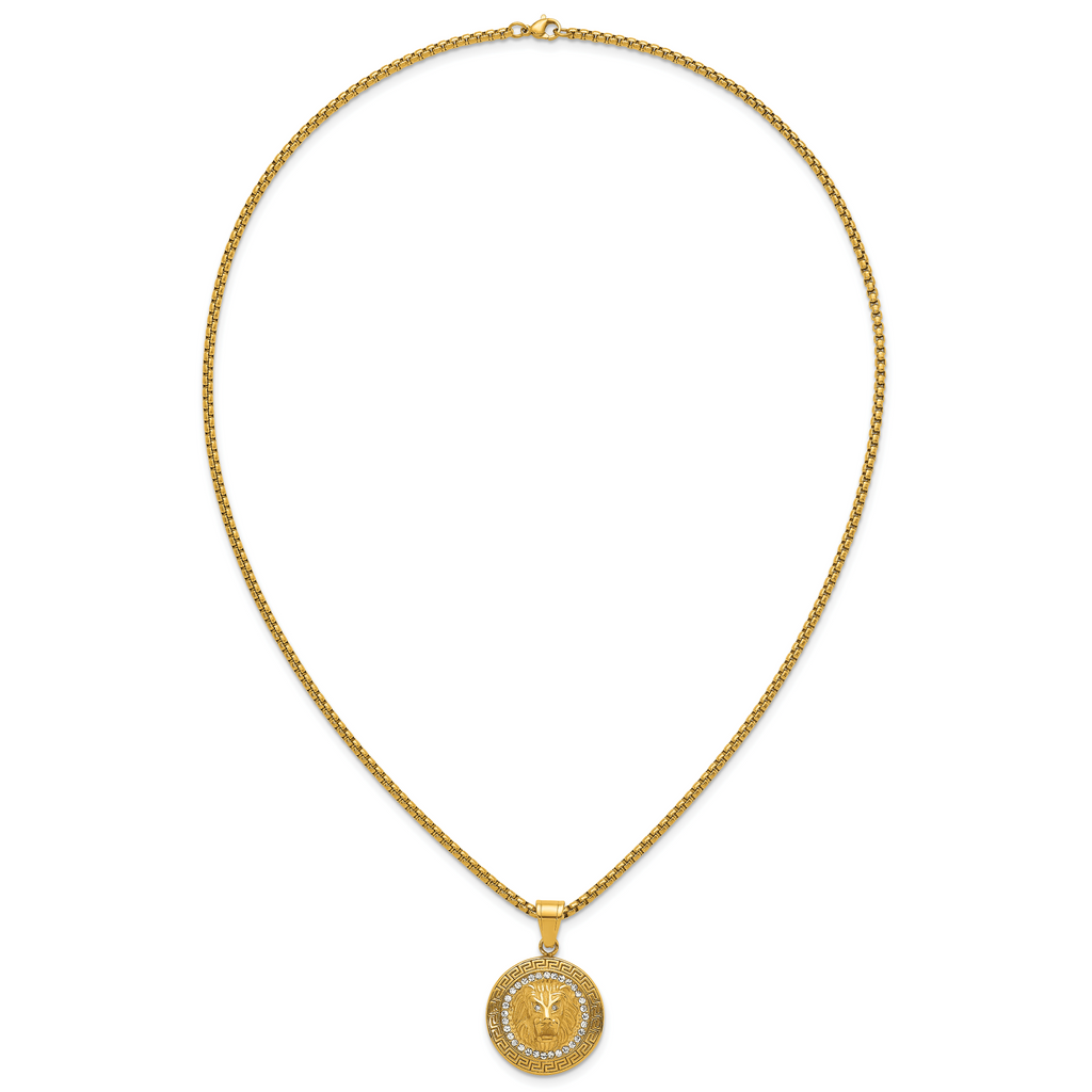Gold-Tone Polished Crystal Lion Stainless Steel Rolo Chain Necklace Greek Key