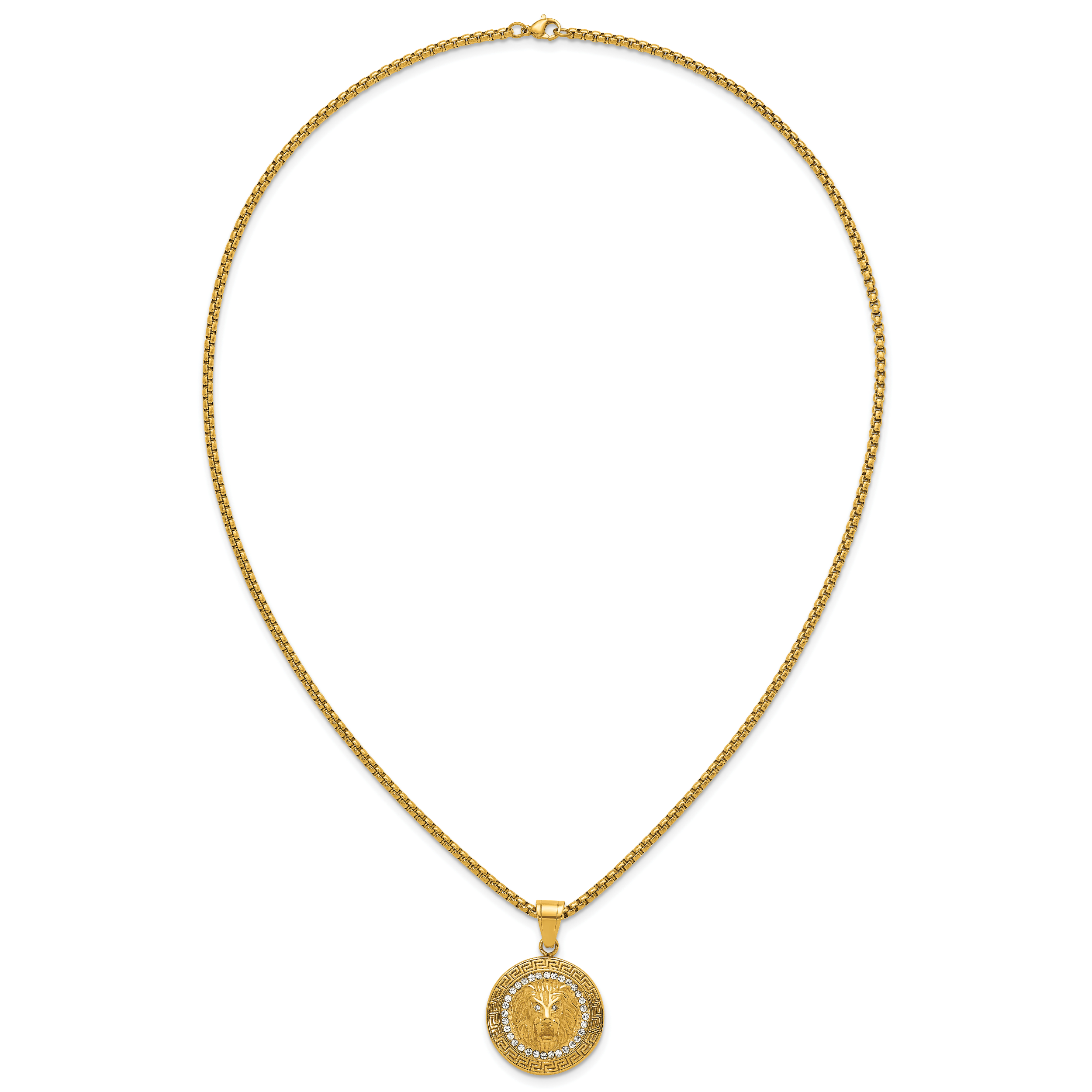 Gold-Tone Polished Crystal Lion Stainless Steel Rolo Chain Necklace Greek Key