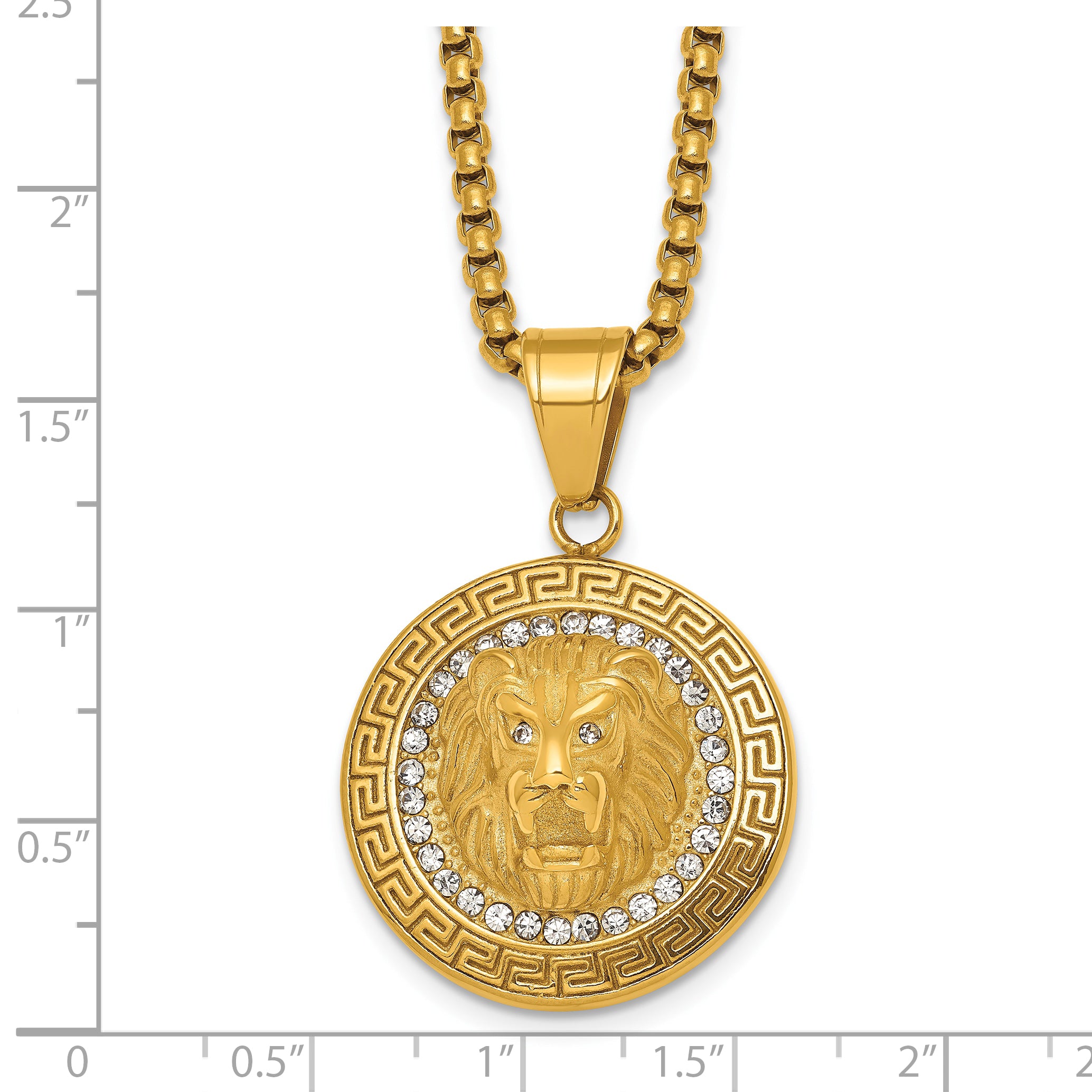Gold-Tone Polished Crystal Lion Stainless Steel Rolo Chain Necklace Greek Key