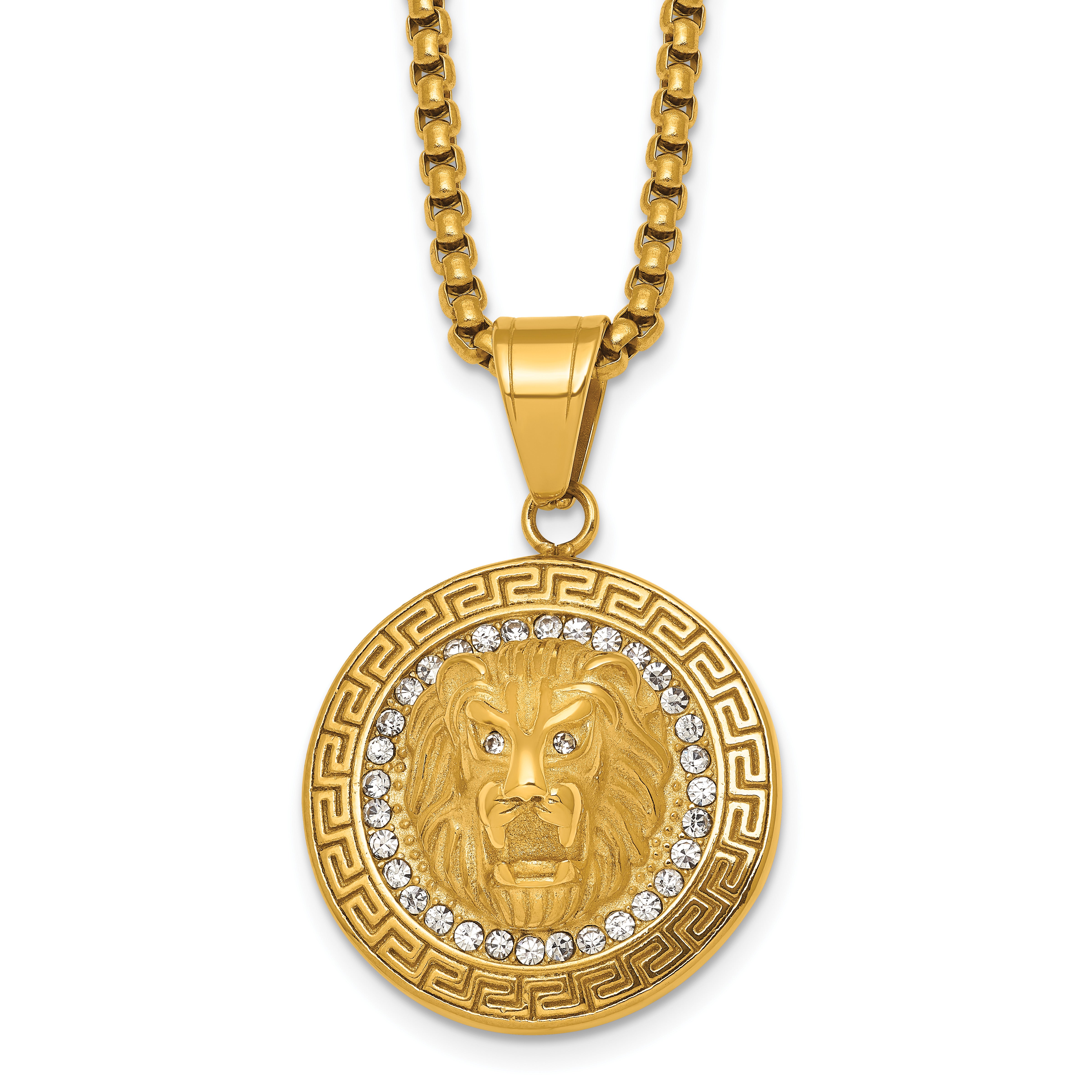 Gold-Tone Polished Crystal Lion Stainless Steel Rolo Chain Necklace Greek Key Main image