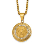 Gold-Tone Polished Crystal Lion Stainless Steel Rolo Chain Necklace Greek Key