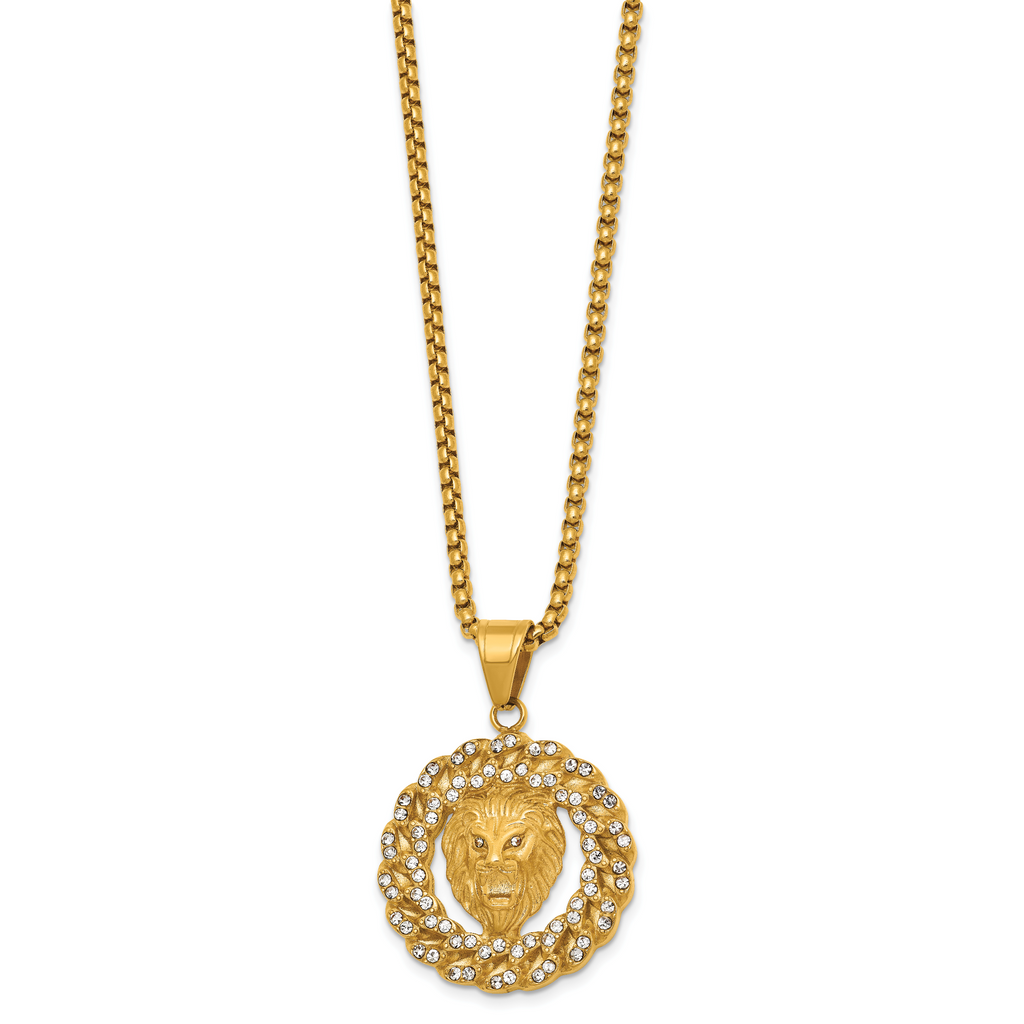 Gold-Tone Polished Crystal Lion Stainless Steel Rolo Chain Necklace 24in