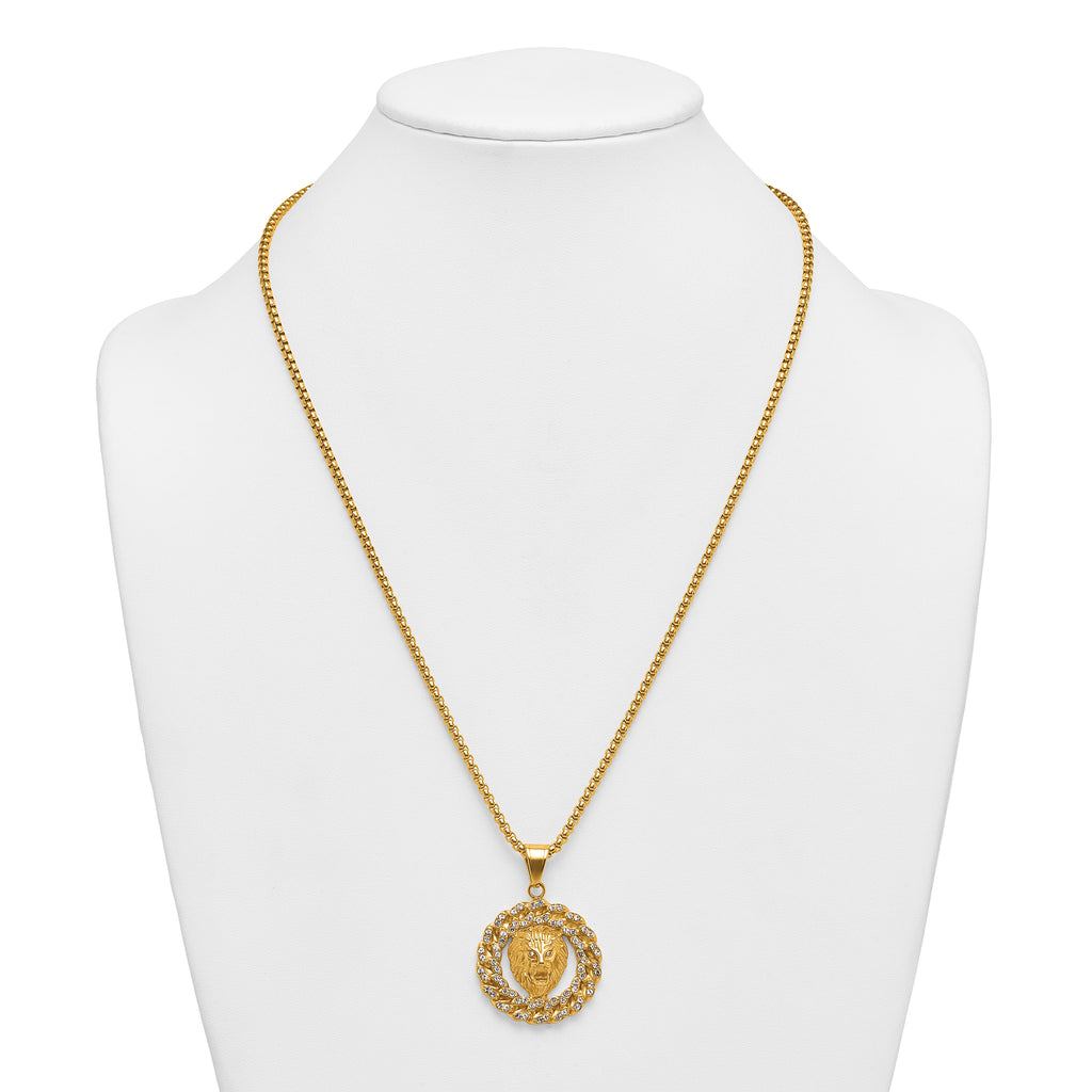 Gold-Tone Polished Crystal Lion Stainless Steel Rolo Chain Necklace 24in