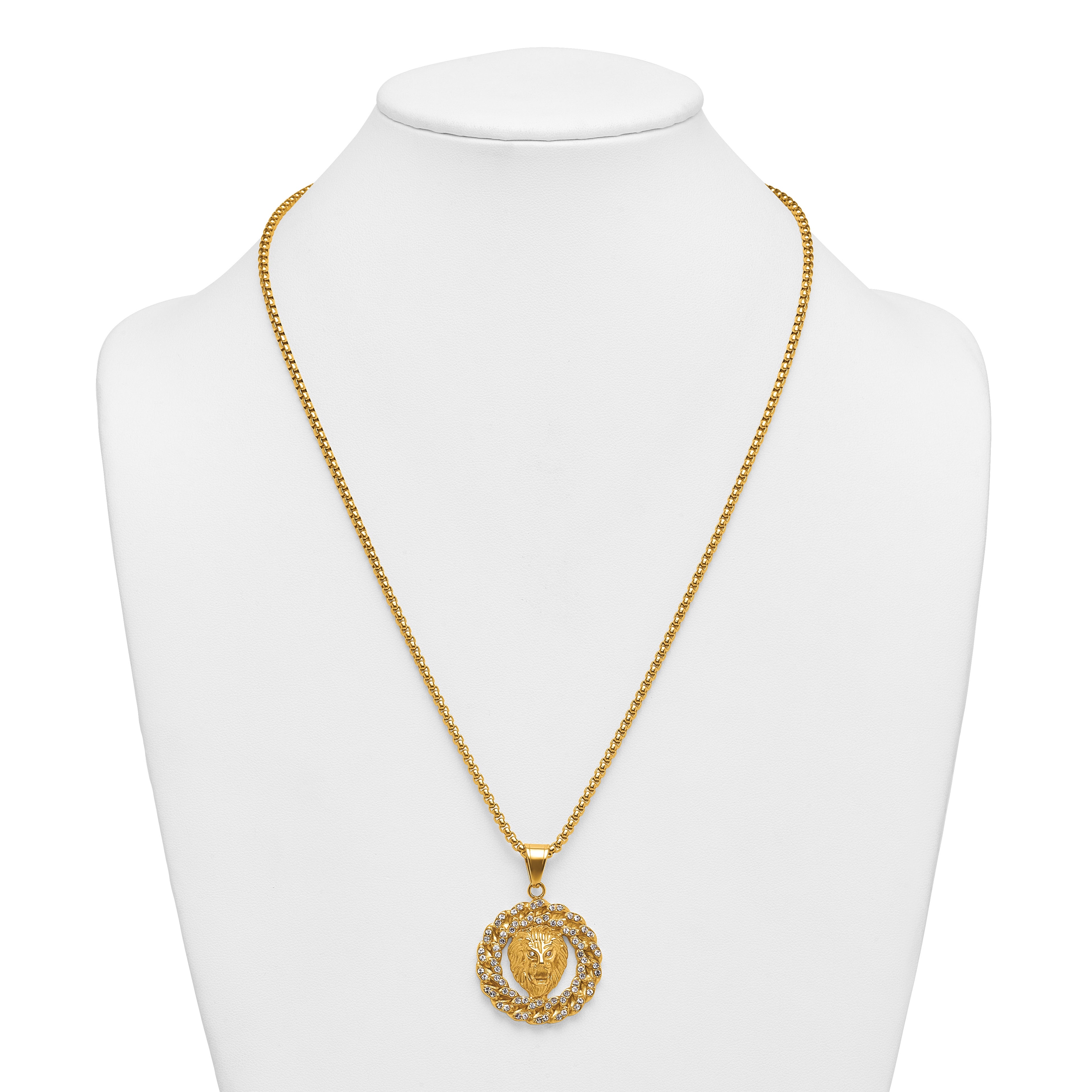 Gold-Tone Polished Crystal Lion Stainless Steel Rolo Chain Necklace 24in