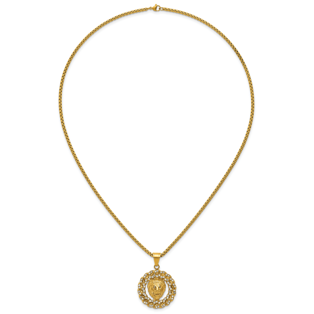 Gold-Tone Polished Crystal Lion Stainless Steel Rolo Chain Necklace 24in