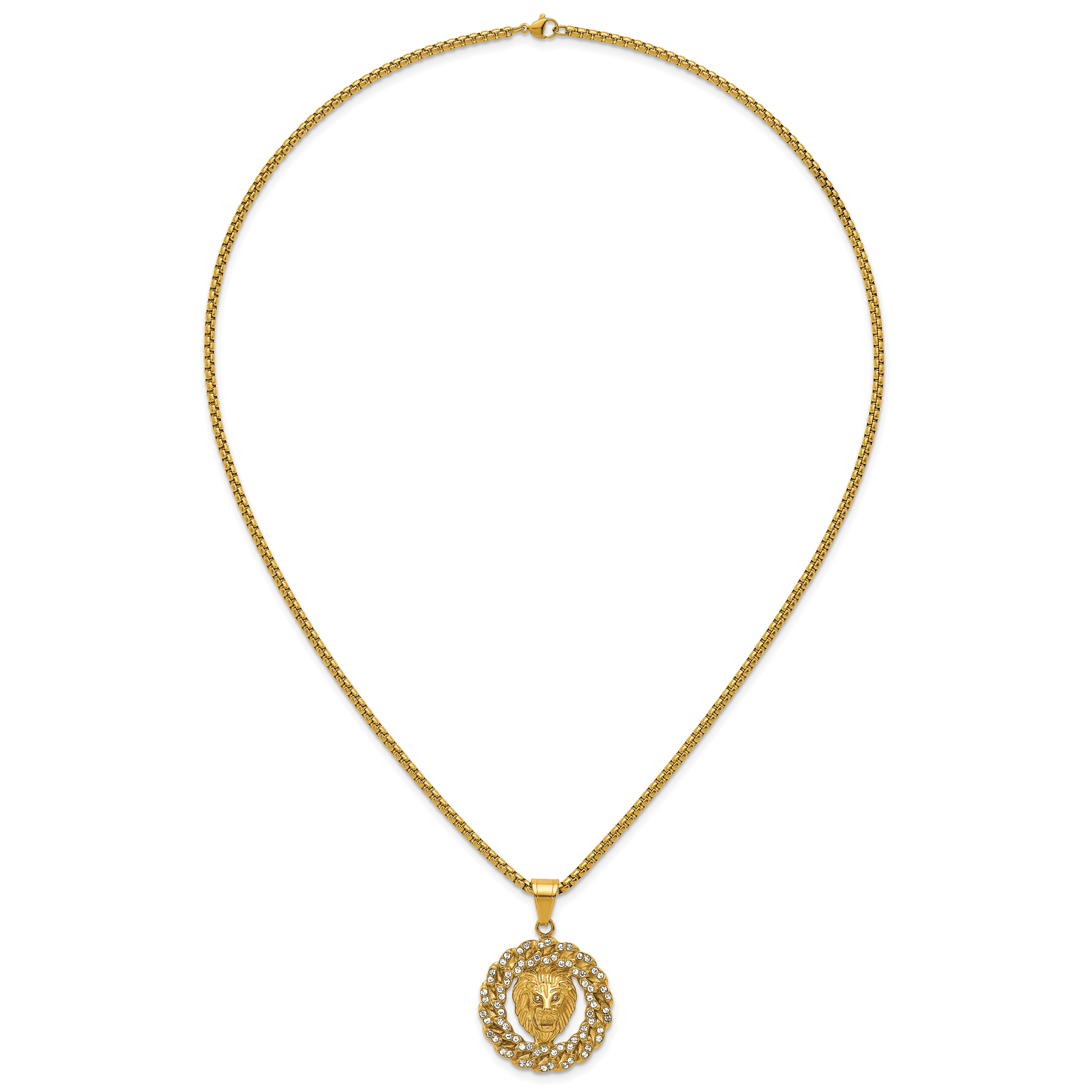 Gold-Tone Polished Crystal Lion Stainless Steel Rolo Chain Necklace 24in