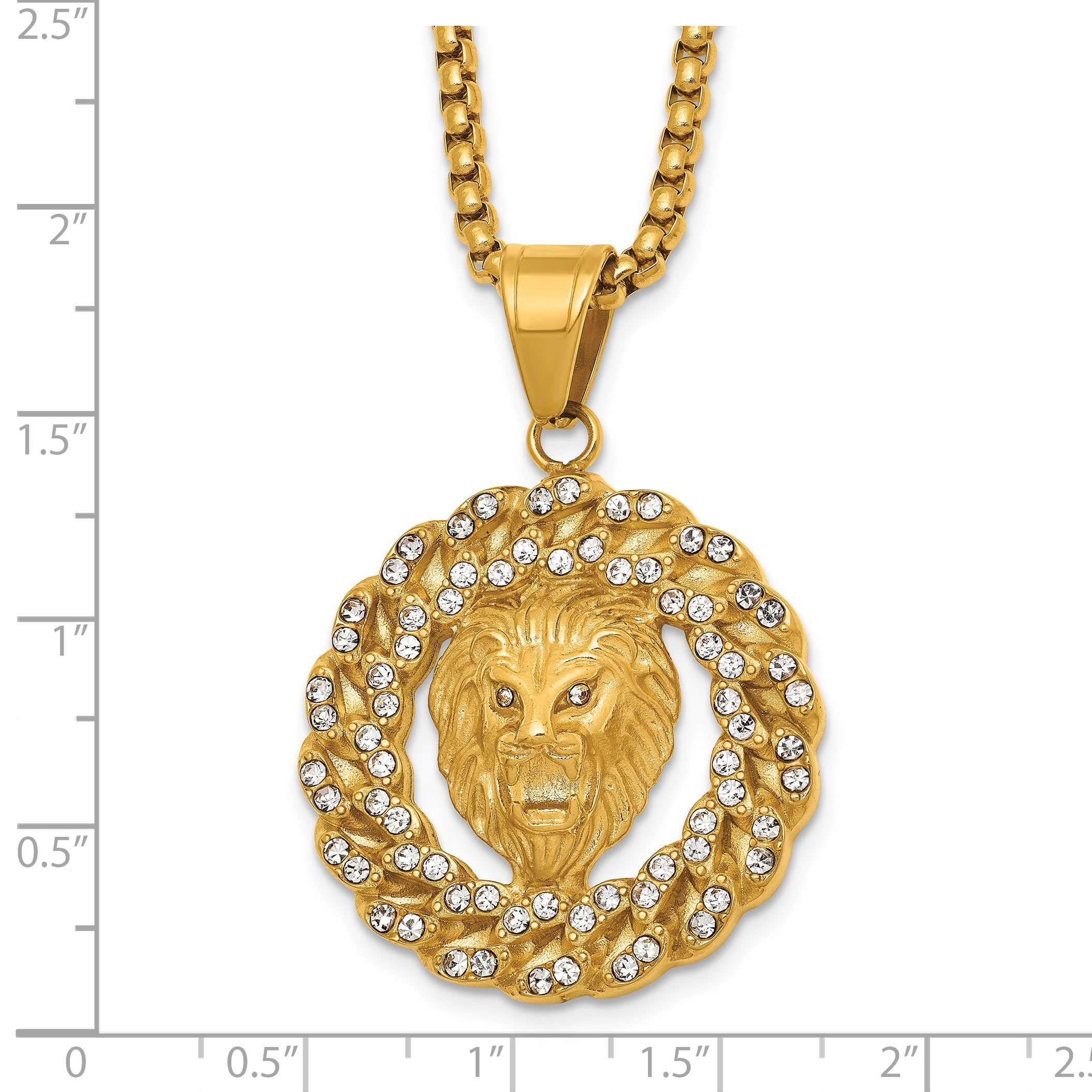 Gold-Tone Polished Crystal Lion Stainless Steel Rolo Chain Necklace 24in