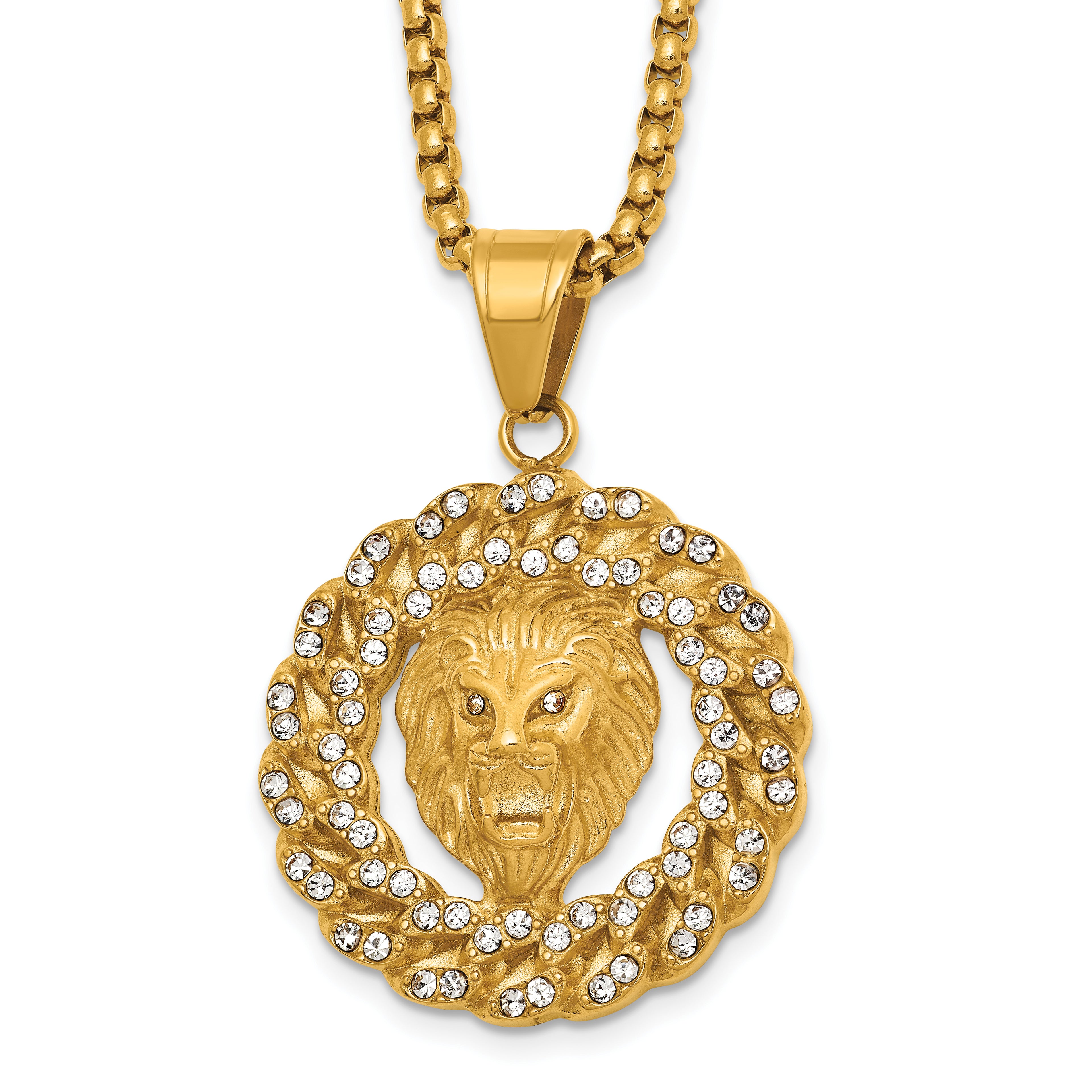 Gold-Tone Polished Crystal Lion Stainless Steel Rolo Chain Necklace 24in
