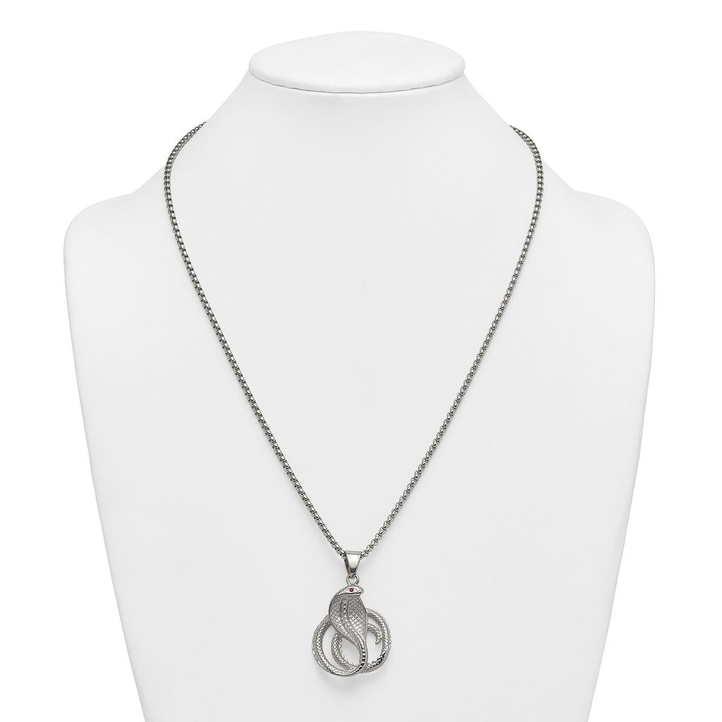 Polished Red Crystal Snake Stainless Steel Rolo Chain Necklace