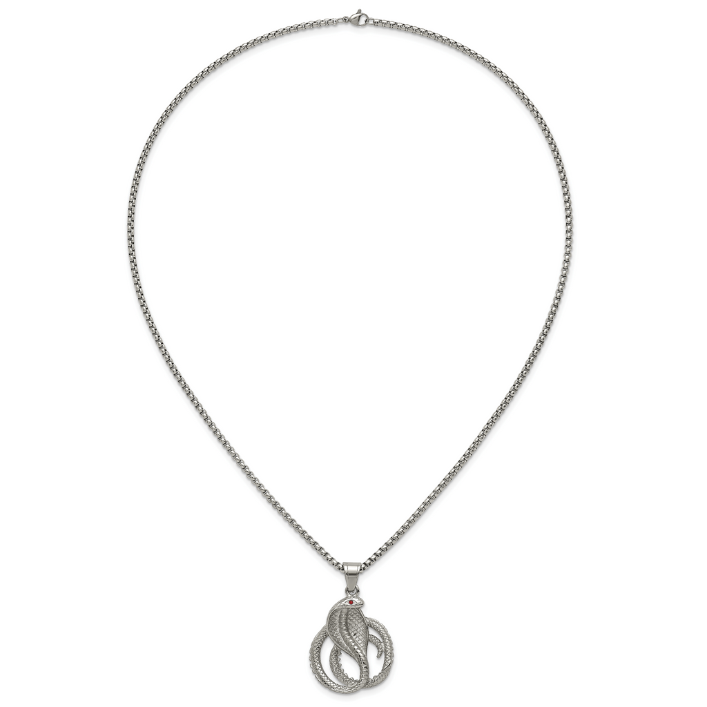 Polished Red Crystal Snake Stainless Steel Rolo Chain Necklace