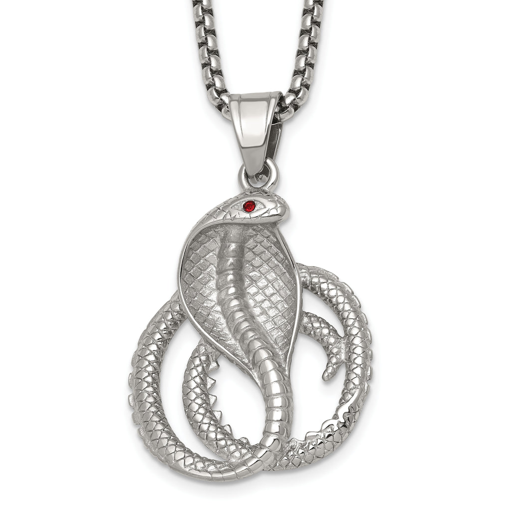 Polished Red Crystal Snake Stainless Steel Rolo Chain Necklace
