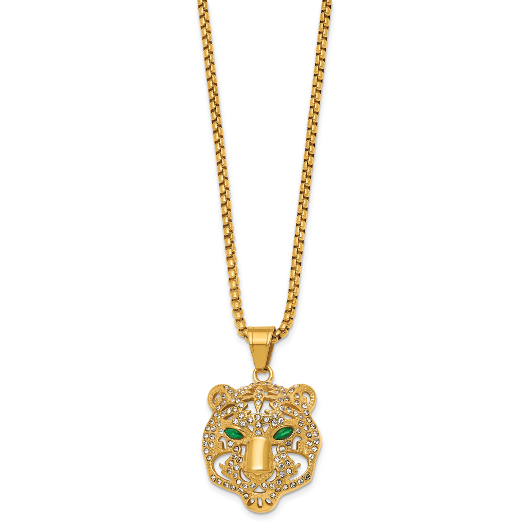 Gold-Tone Polished Crystal Stainless Steel Rolo Chain Necklace 24in