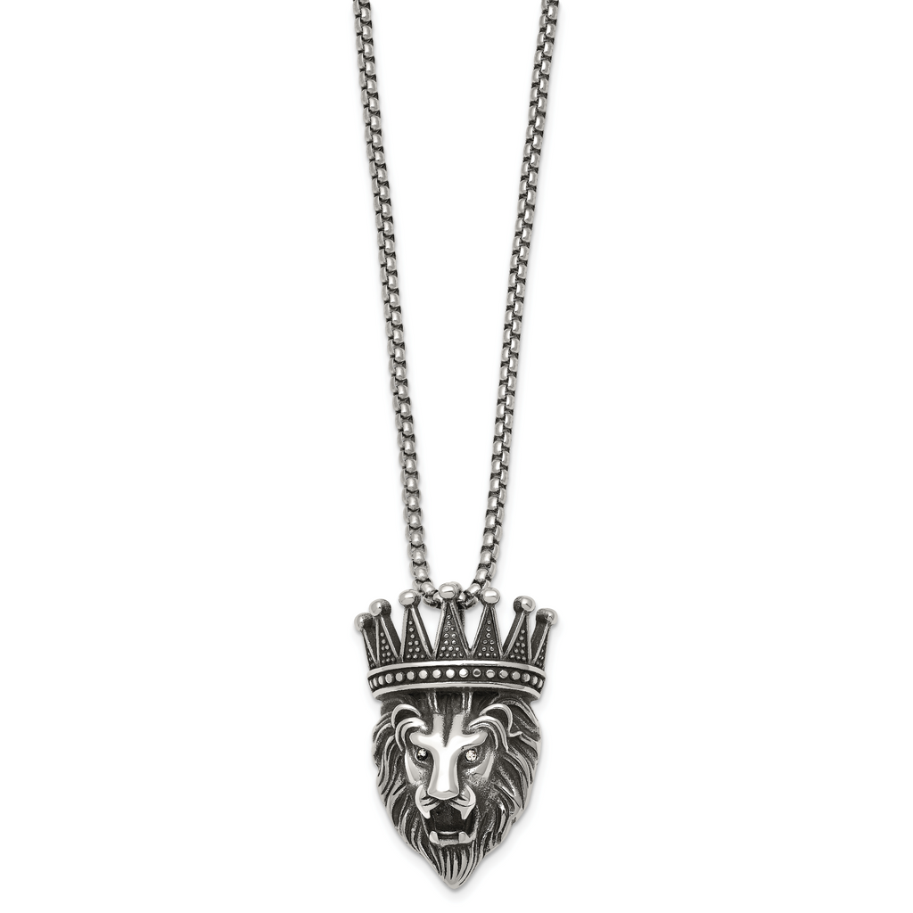 Antiqued Crystal Crown Stainless Steel Rolo Chain Necklace