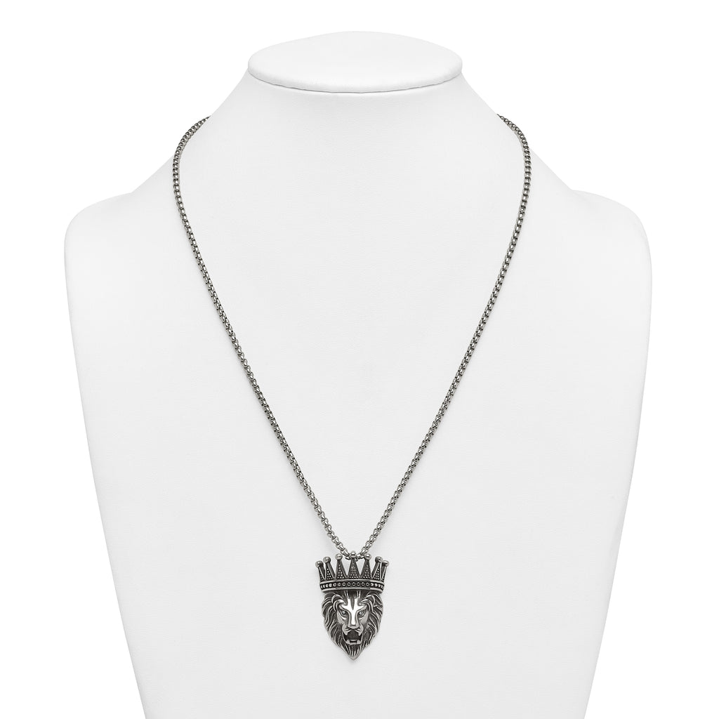 Antiqued Crystal Crown Stainless Steel Rolo Chain Necklace