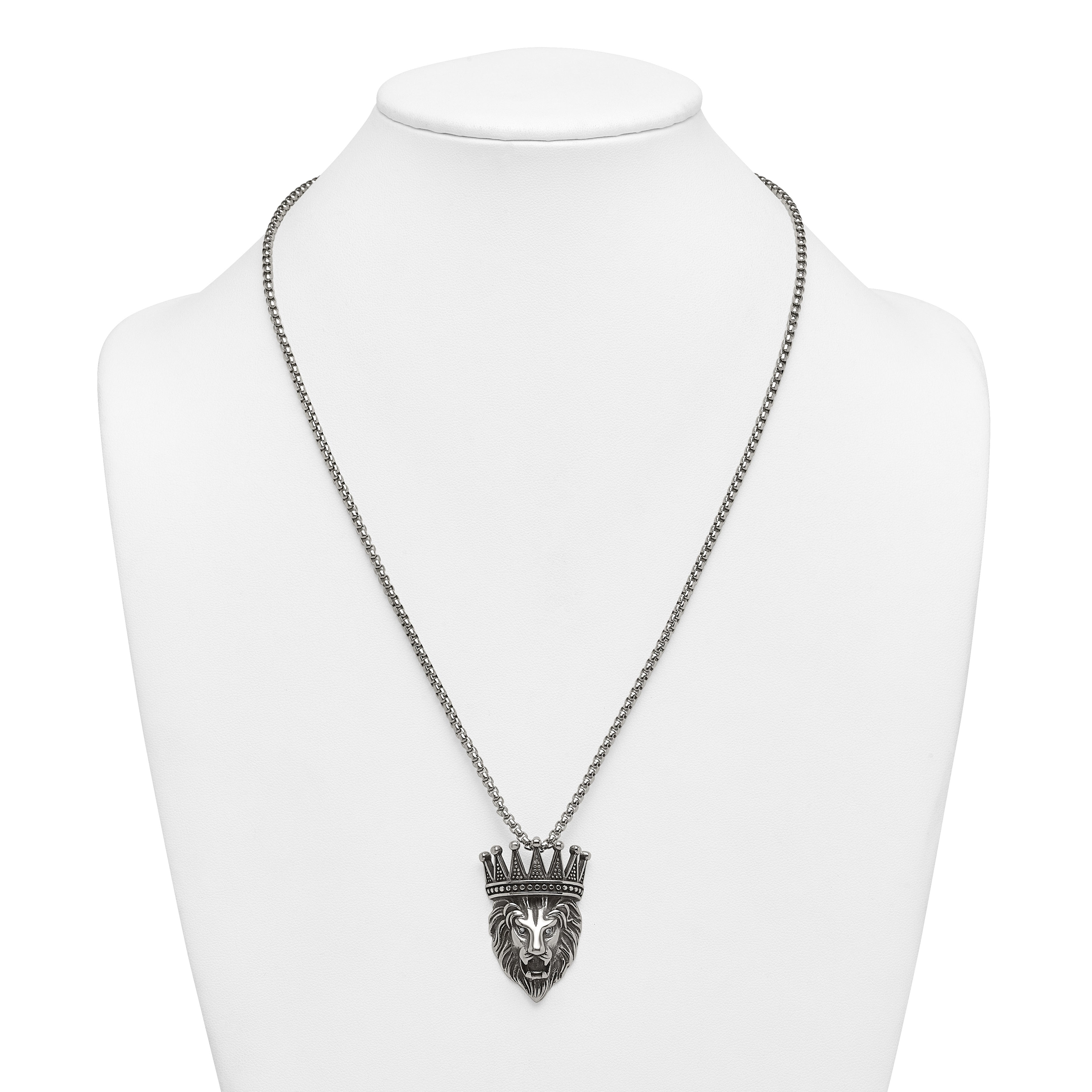 Antiqued Crystal Crown Stainless Steel Rolo Chain Necklace