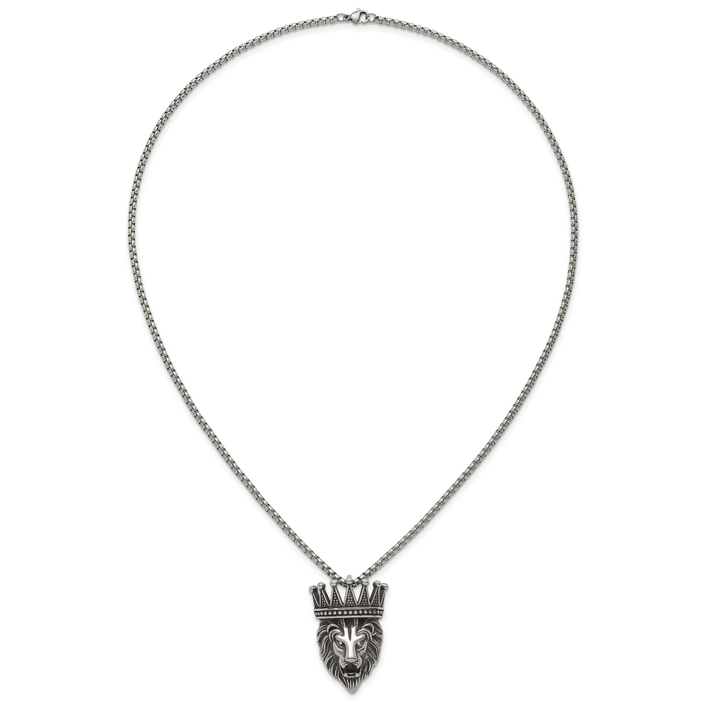 Antiqued Crystal Crown Stainless Steel Rolo Chain Necklace