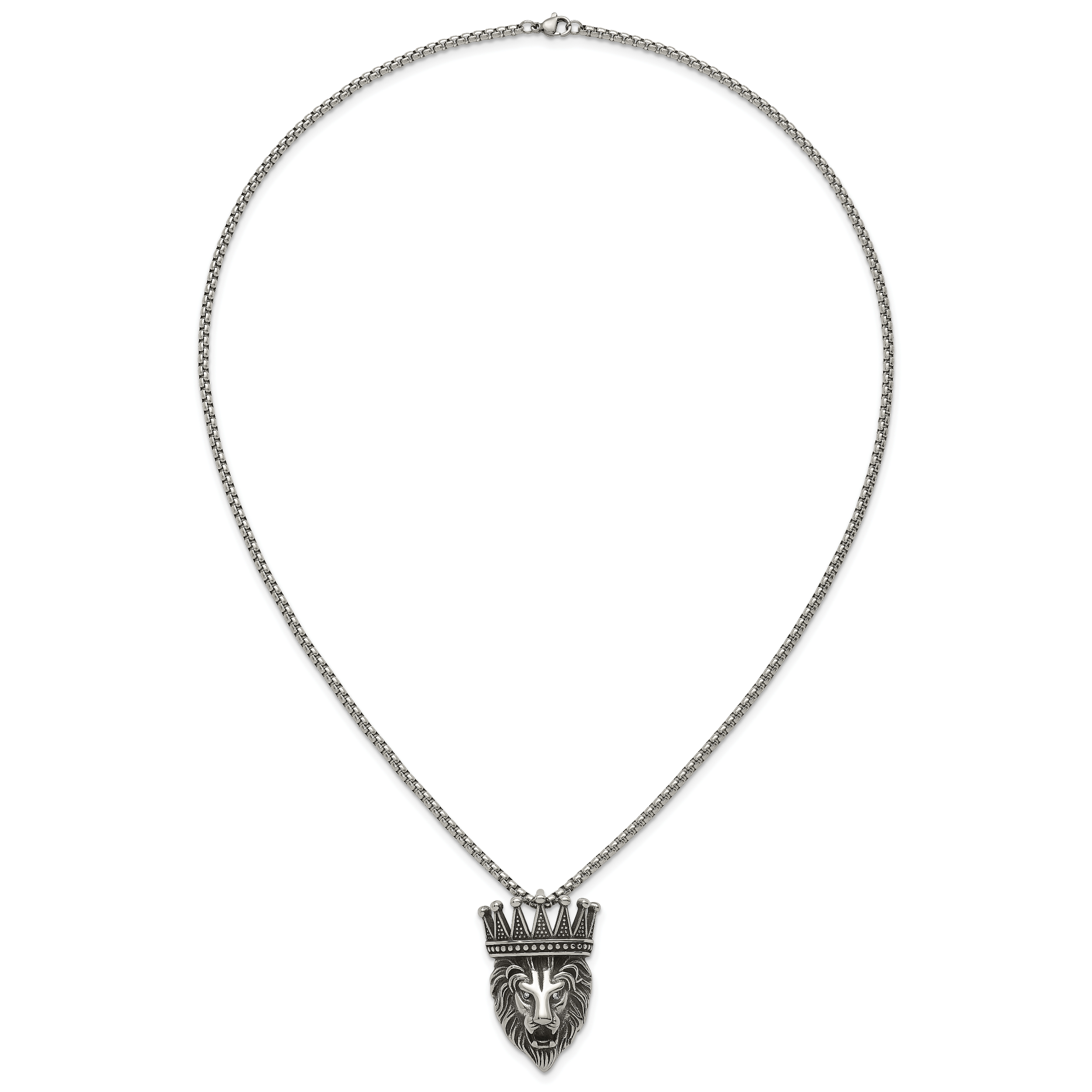 Antiqued Crystal Crown Stainless Steel Rolo Chain Necklace