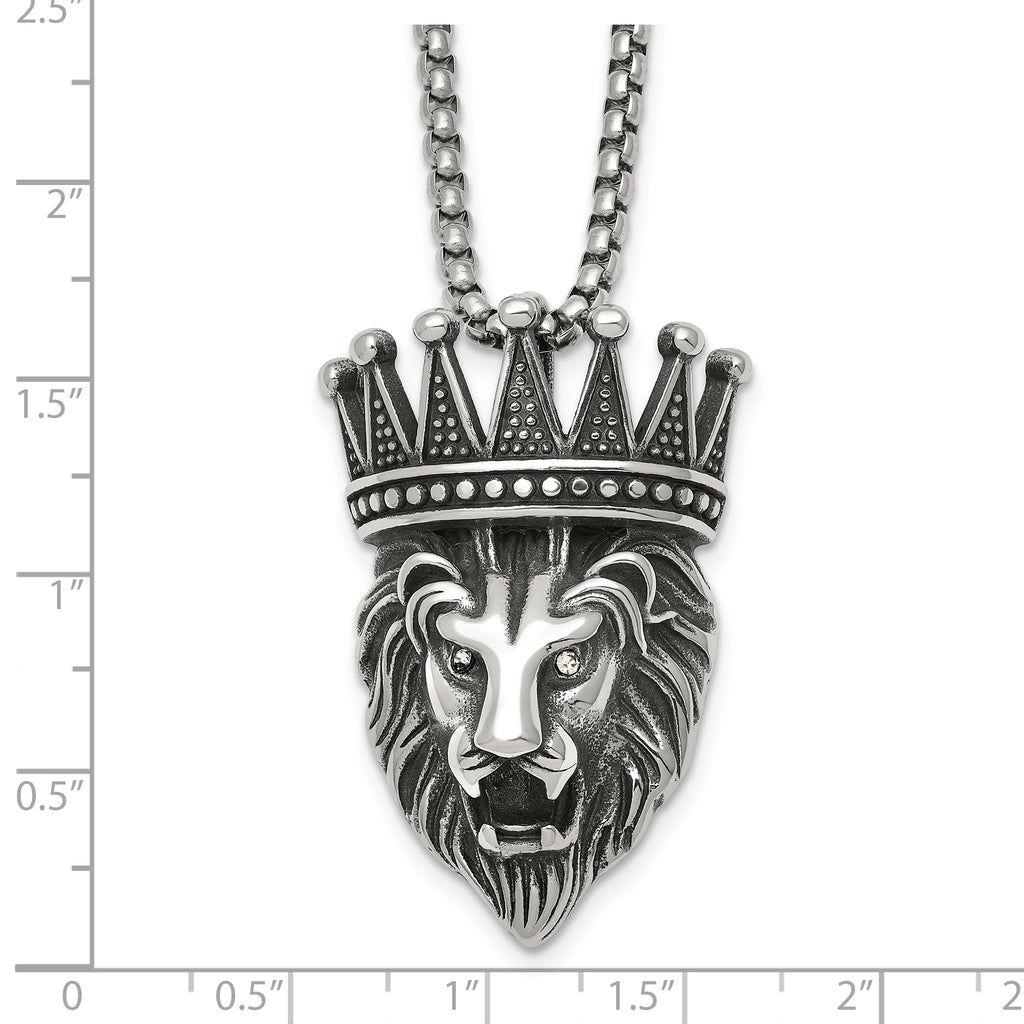 Antiqued Crystal Crown Stainless Steel Rolo Chain Necklace