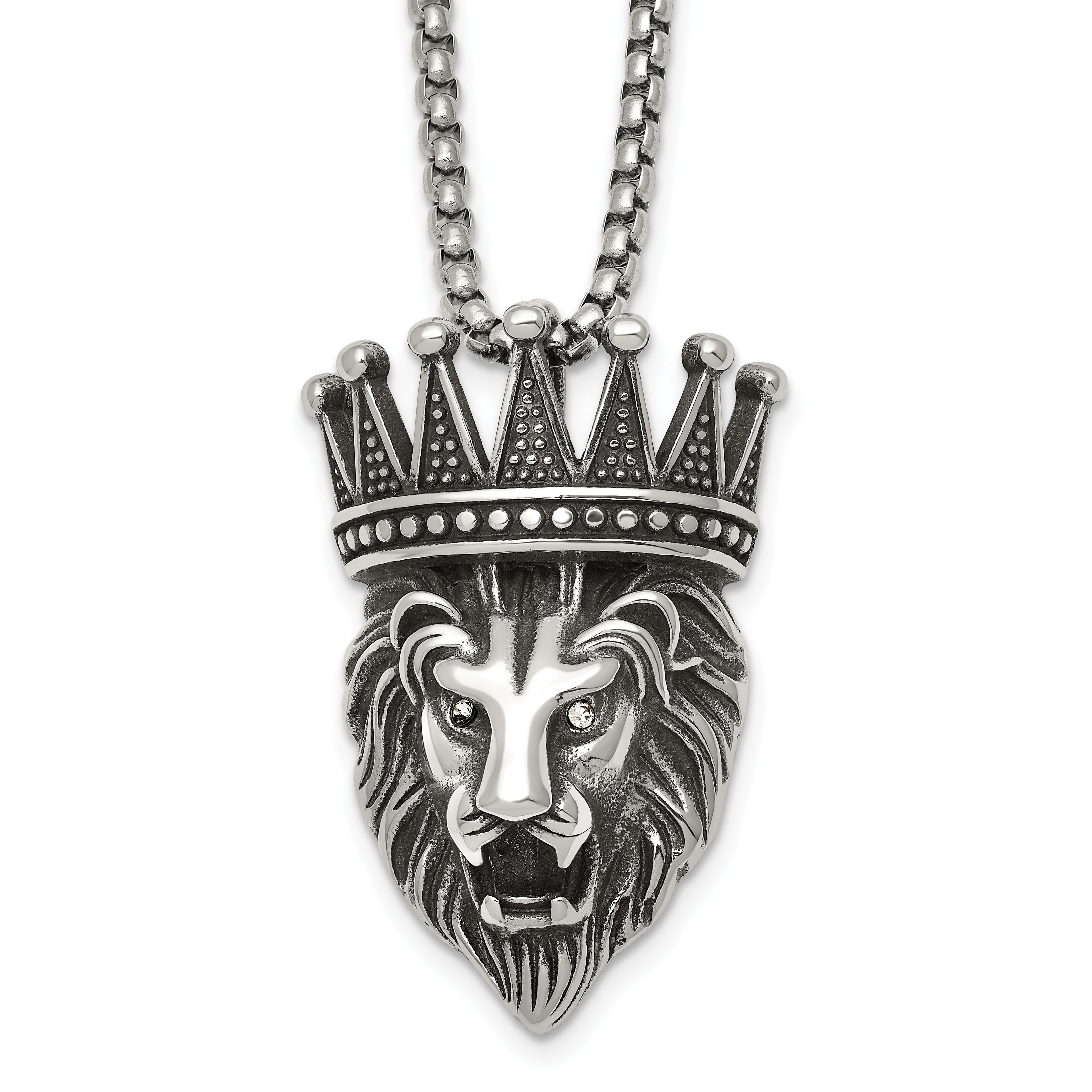 Antiqued Crystal Crown Stainless Steel Rolo Chain Necklace