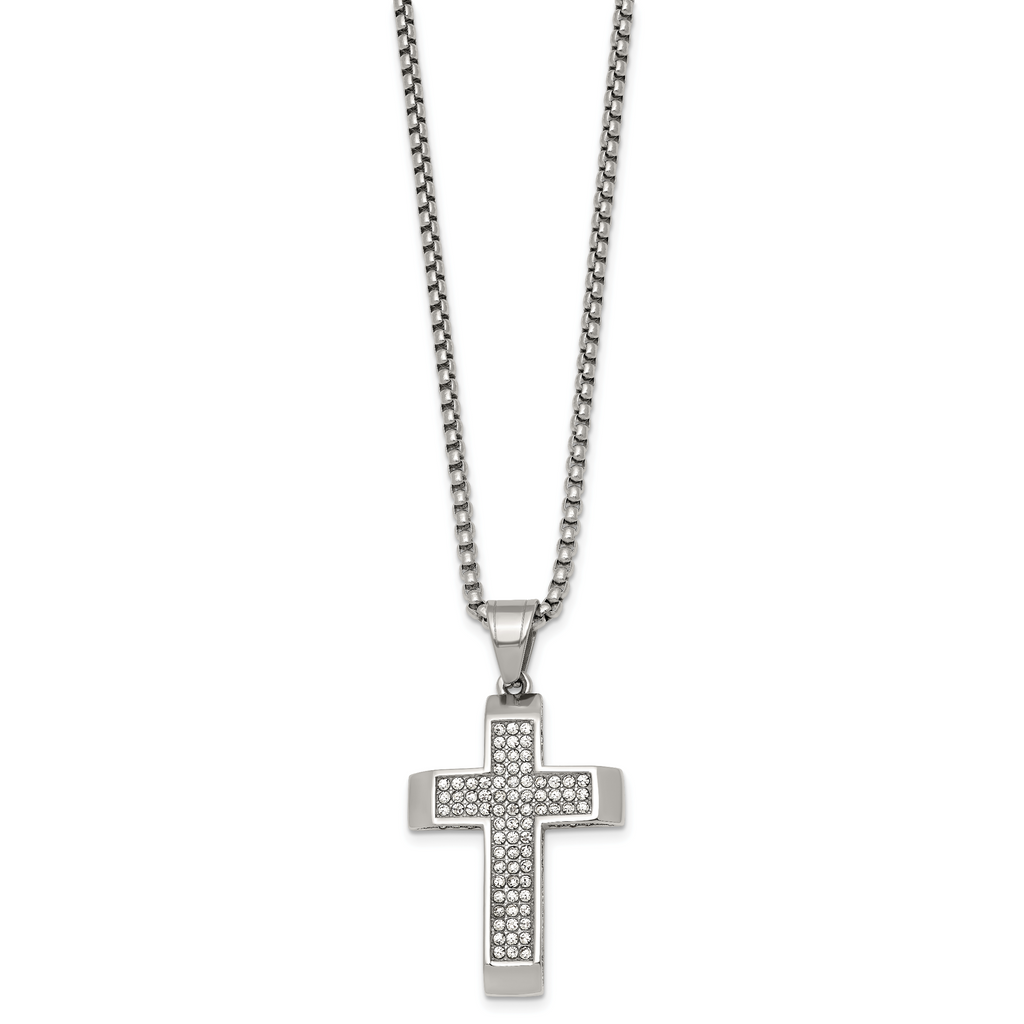 Polished Crystal Cross Stainless Steel Rolo Chain Necklace
