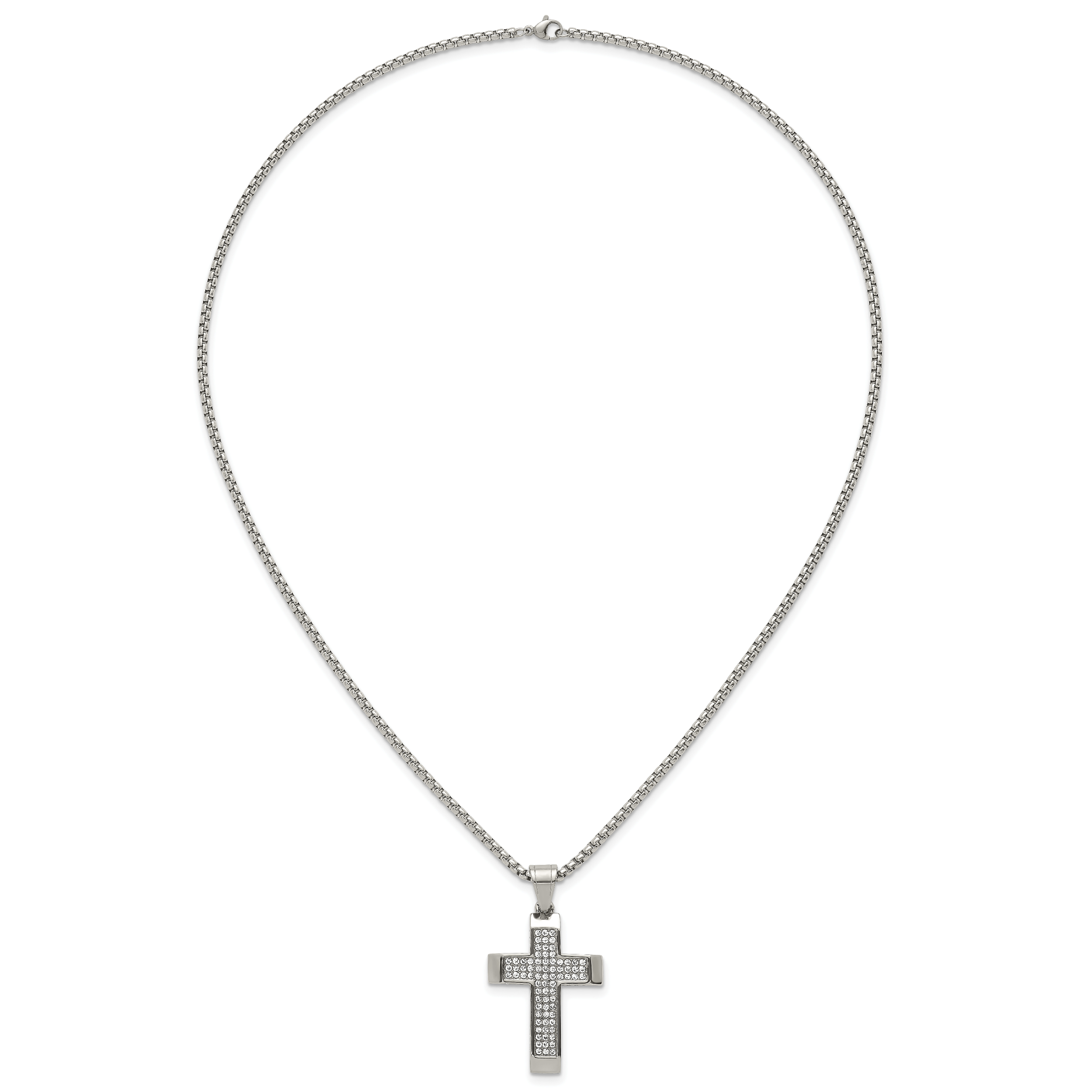 Polished Crystal Cross Stainless Steel Rolo Chain Necklace