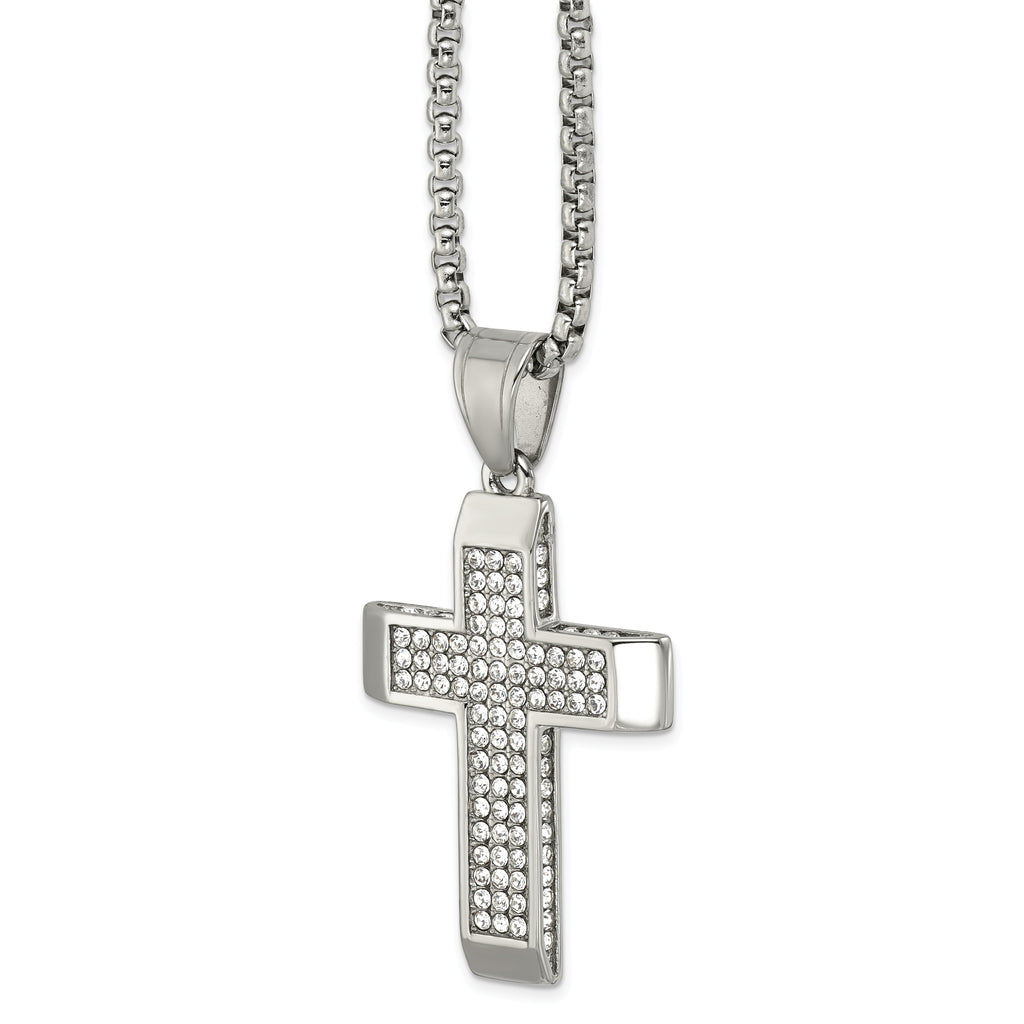 Polished Crystal Cross Stainless Steel Rolo Chain Necklace