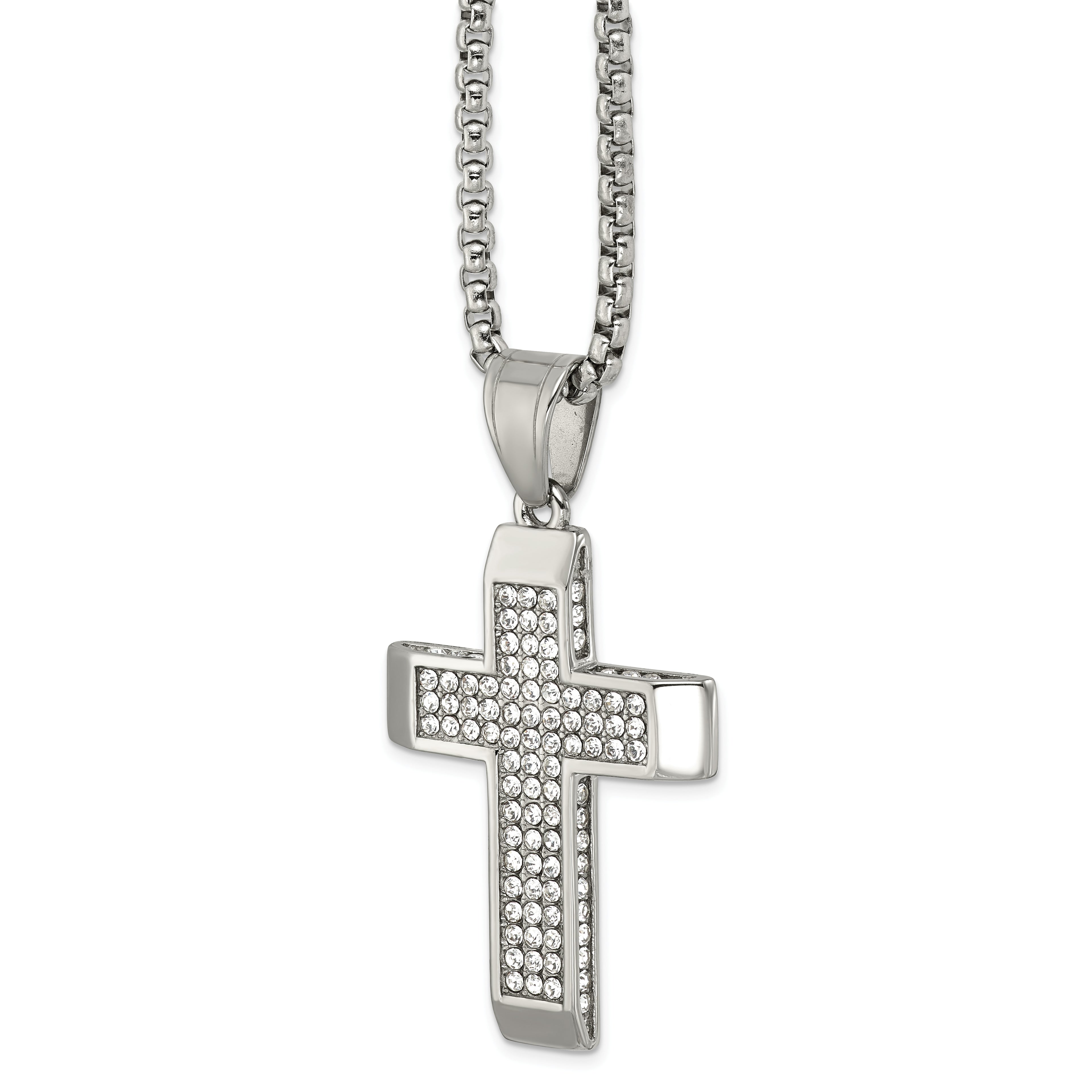 Polished Crystal Cross Stainless Steel Rolo Chain Necklace