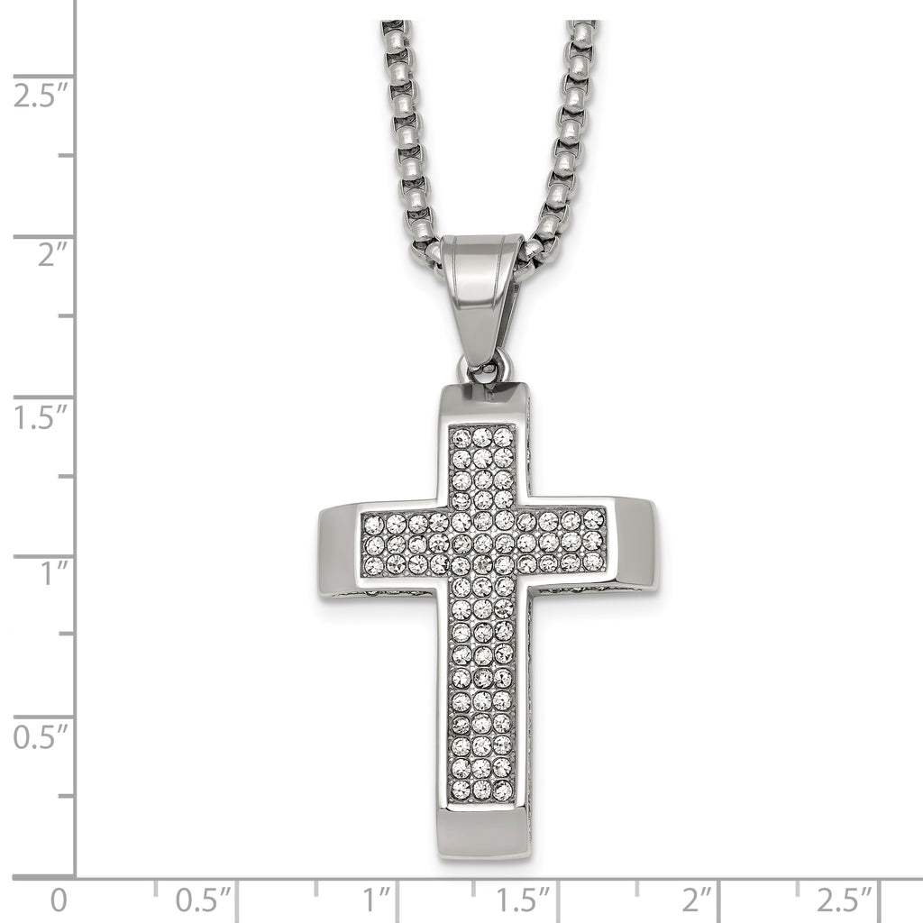 Polished Crystal Cross Stainless Steel Rolo Chain Necklace