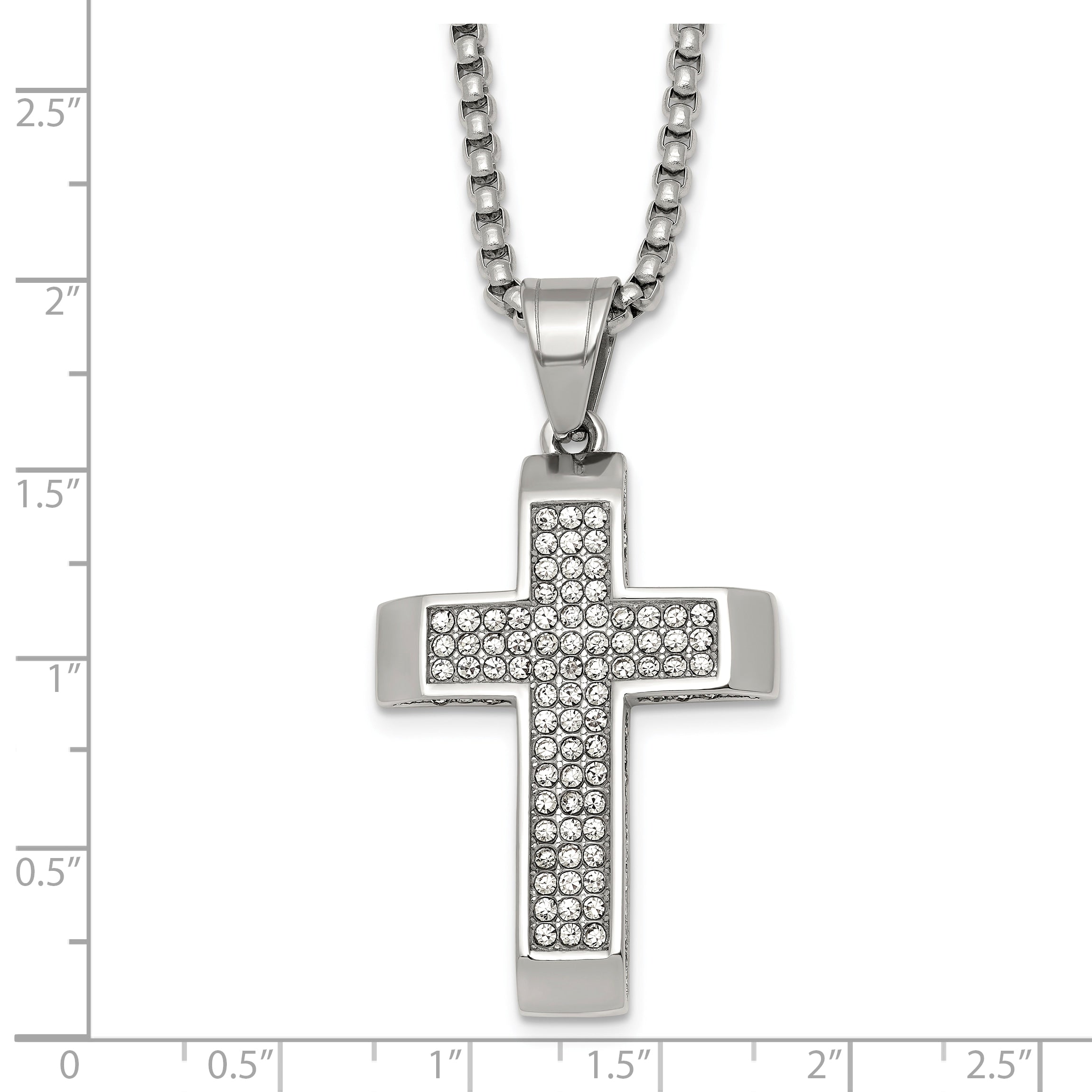Polished Crystal Cross Stainless Steel Rolo Chain Necklace