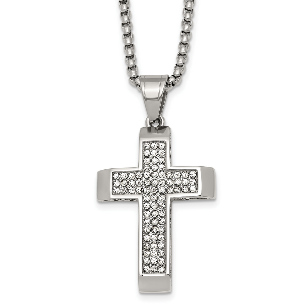 Polished Crystal Cross Stainless Steel Rolo Chain Necklace