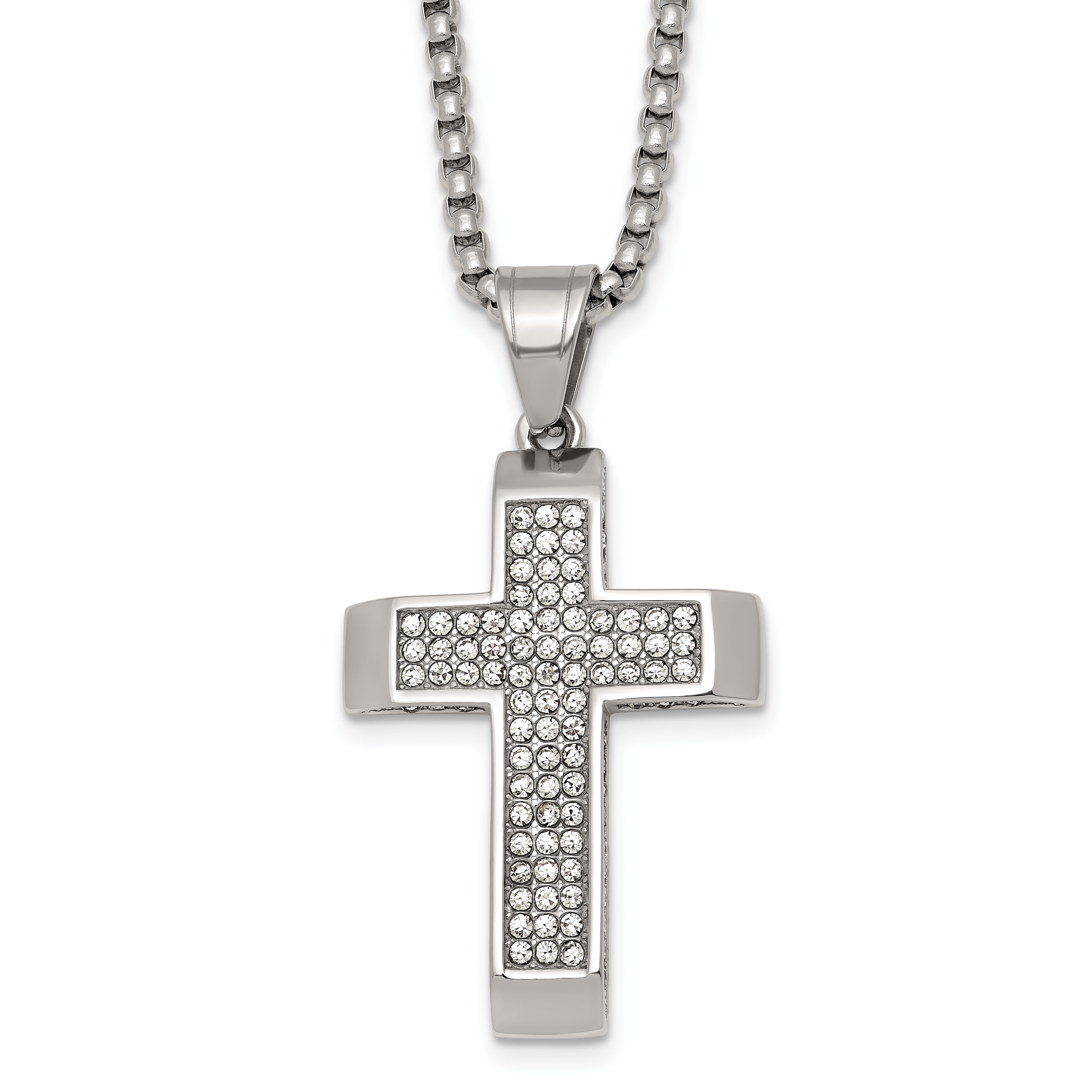 Polished Crystal Cross Stainless Steel Rolo Chain Necklace